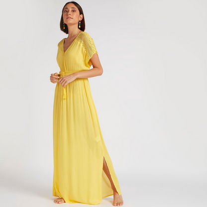 Beachwear Solid V-neck Maxi Dress with Lace Detail and Tie-Ups