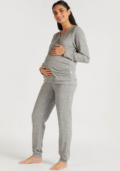 Solid V-neck Maternity Top and Pyjama Set