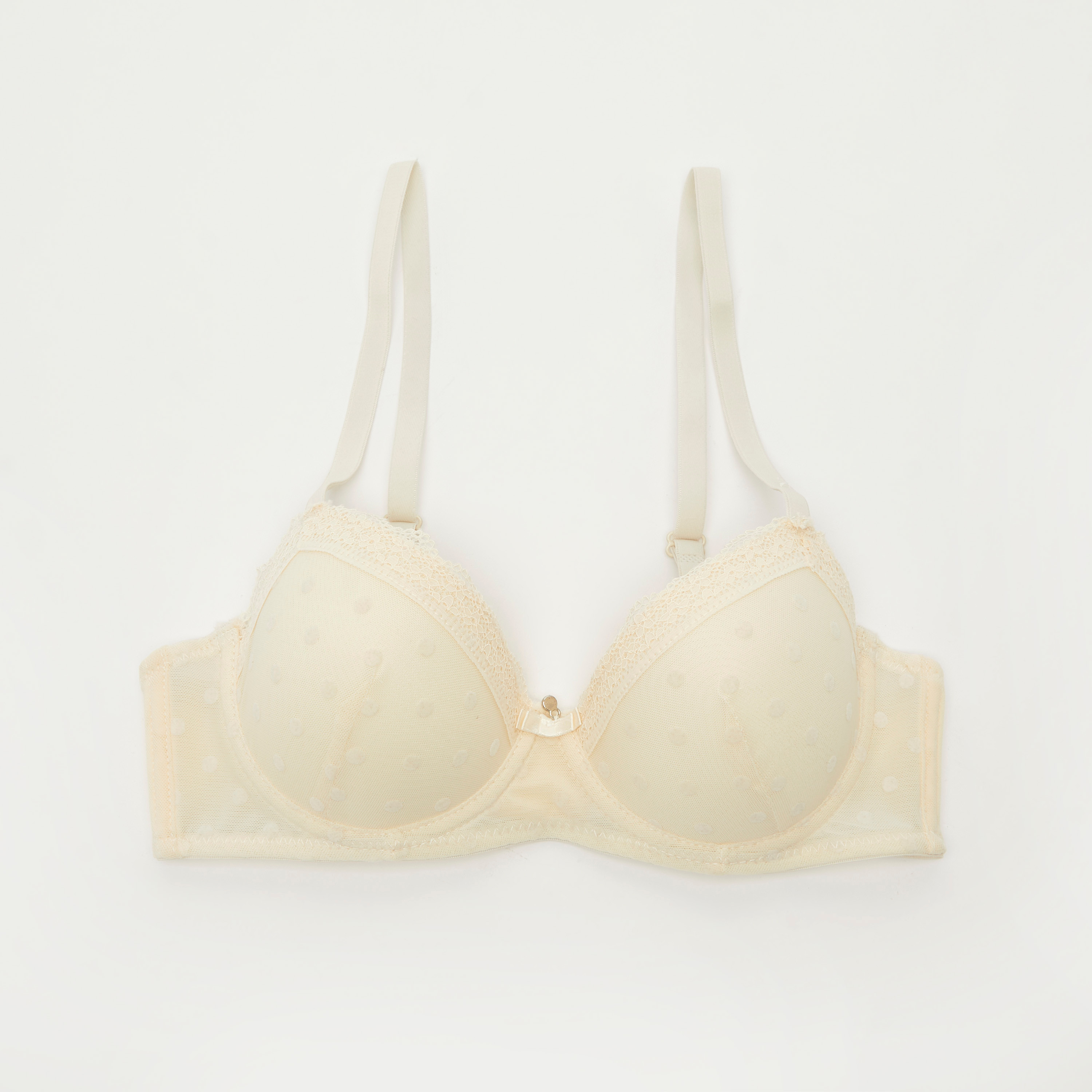 Polka Dot Padded Plunge Bra with Mesh and Lace Detail-women-clothing-lingerie-bras-image-1