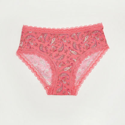 Paisley Print Hipster Briefs with Scalloped Lace Detail-Panties-image-0