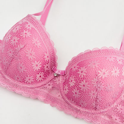 Lace Detail Padded Demi Bra with Hook and Eye Closure-Bras-image-2