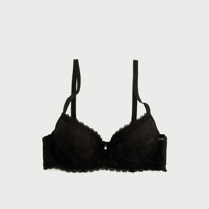 Lace Detail Padded Demi Bra with Hook and Eye Closure-Bras-image-0