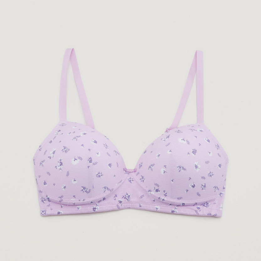 Floral Print Padded Non-Wired T-shirt Bra with Hook and Eye Closure-Bras-image-0