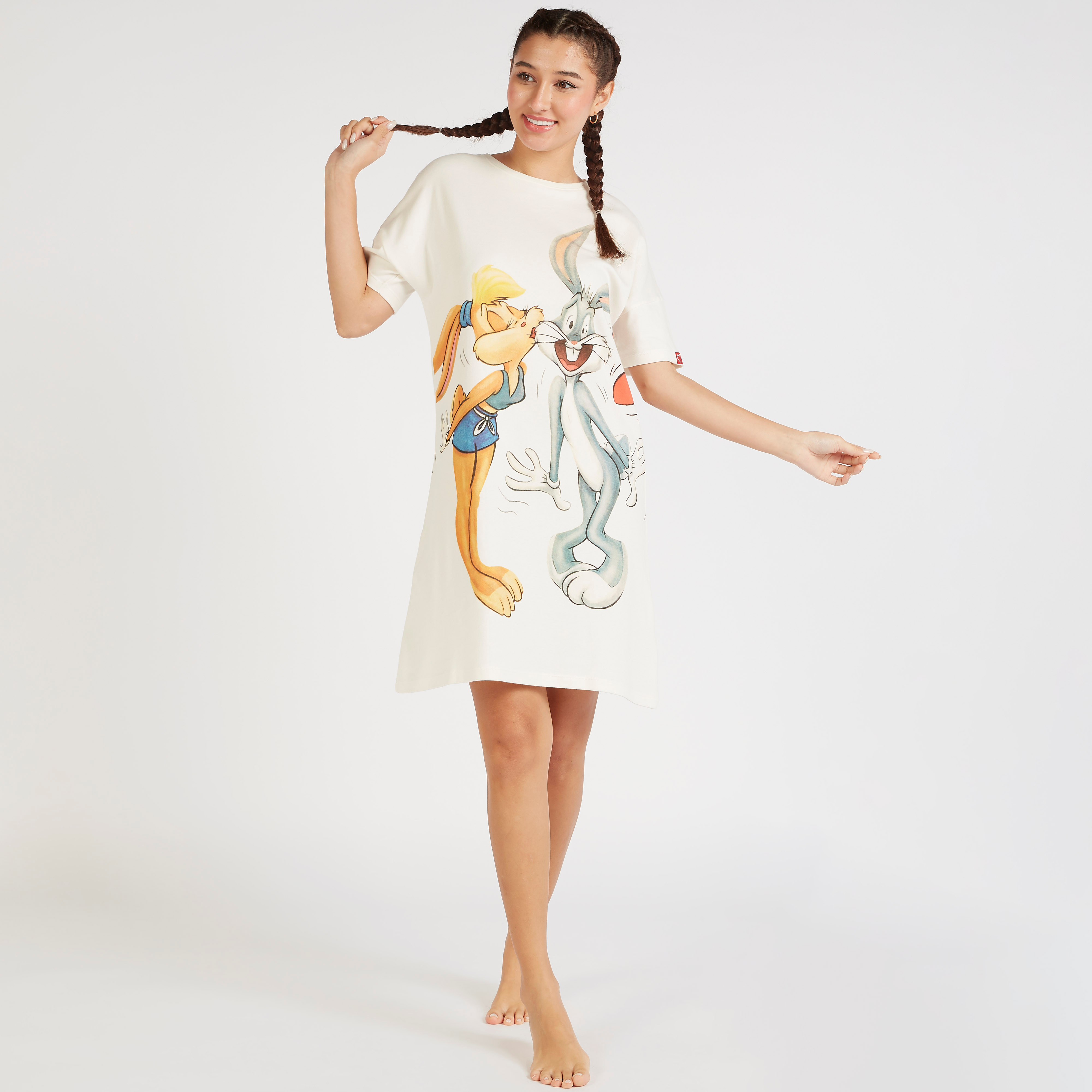 Looney Tunes Print Crew Neck Sleepshirt with Short Sleeves-women-clothing-nightwear-nighties-image-2