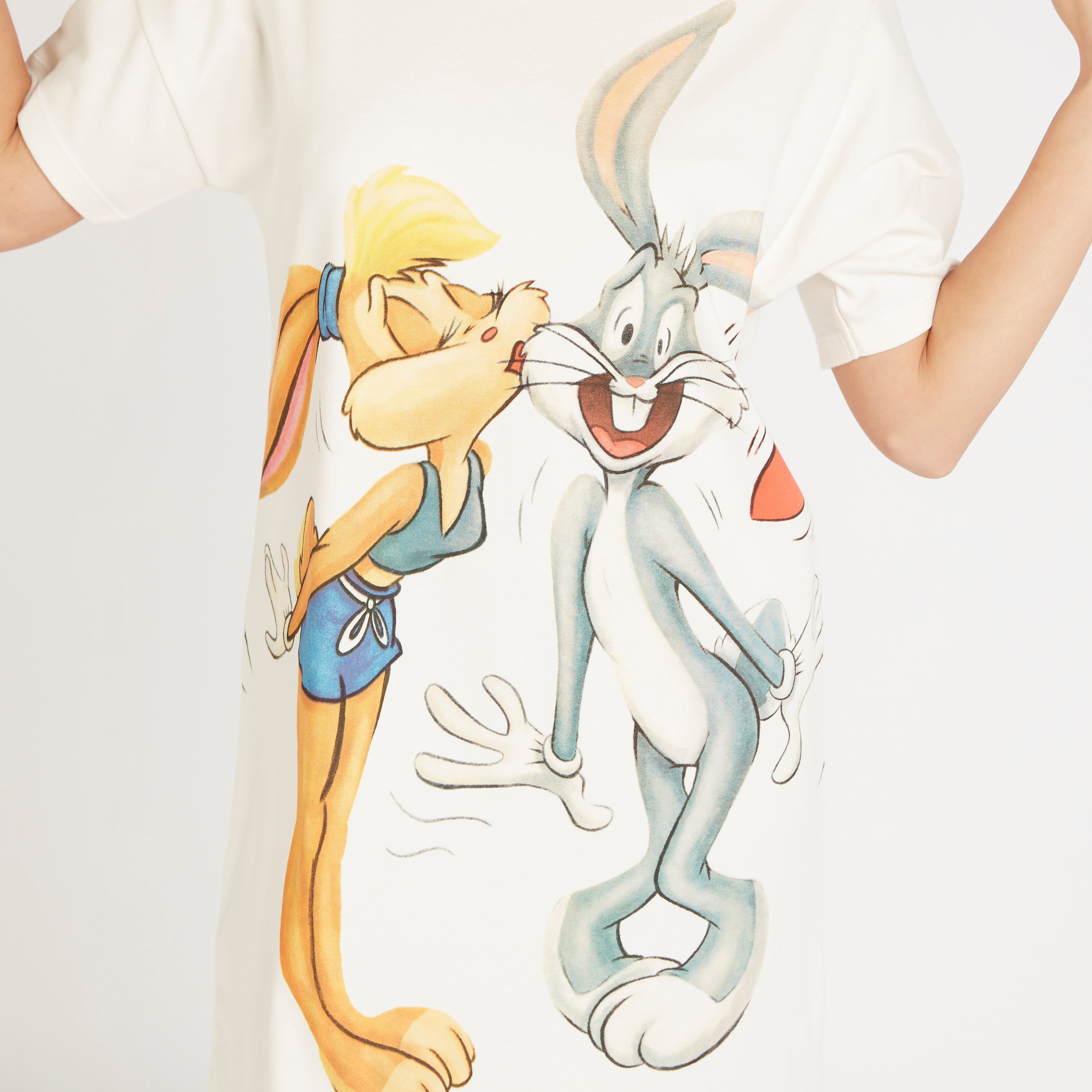 Looney Tunes Print Crew Neck Sleepshirt with Short Sleeves-women-clothing-nightwear-nighties-image-3