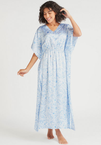 Floral Print V-neck Night Gown with Short Sleeves