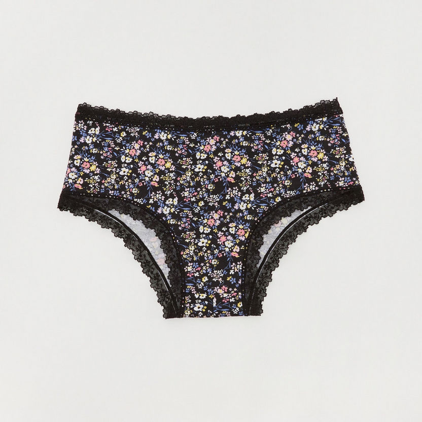 Floral Print Boyshorts with Lace Waistband-Panties-image-0