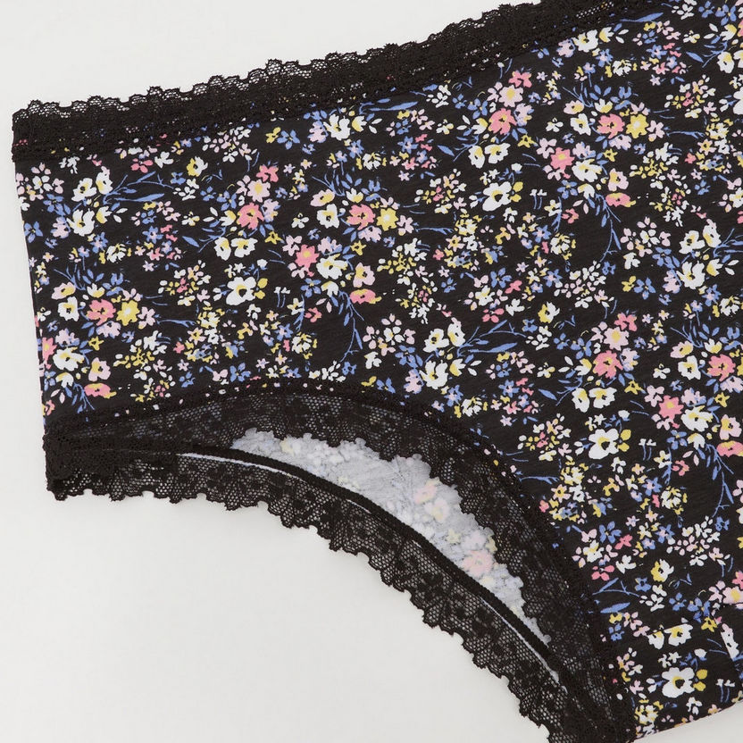 Floral Print Boyshorts with Lace Waistband-Panties-image-1