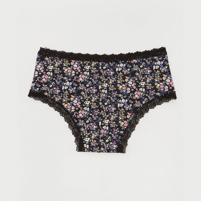 Floral Print Boyshorts with Lace Waistband-Panties-image-2
