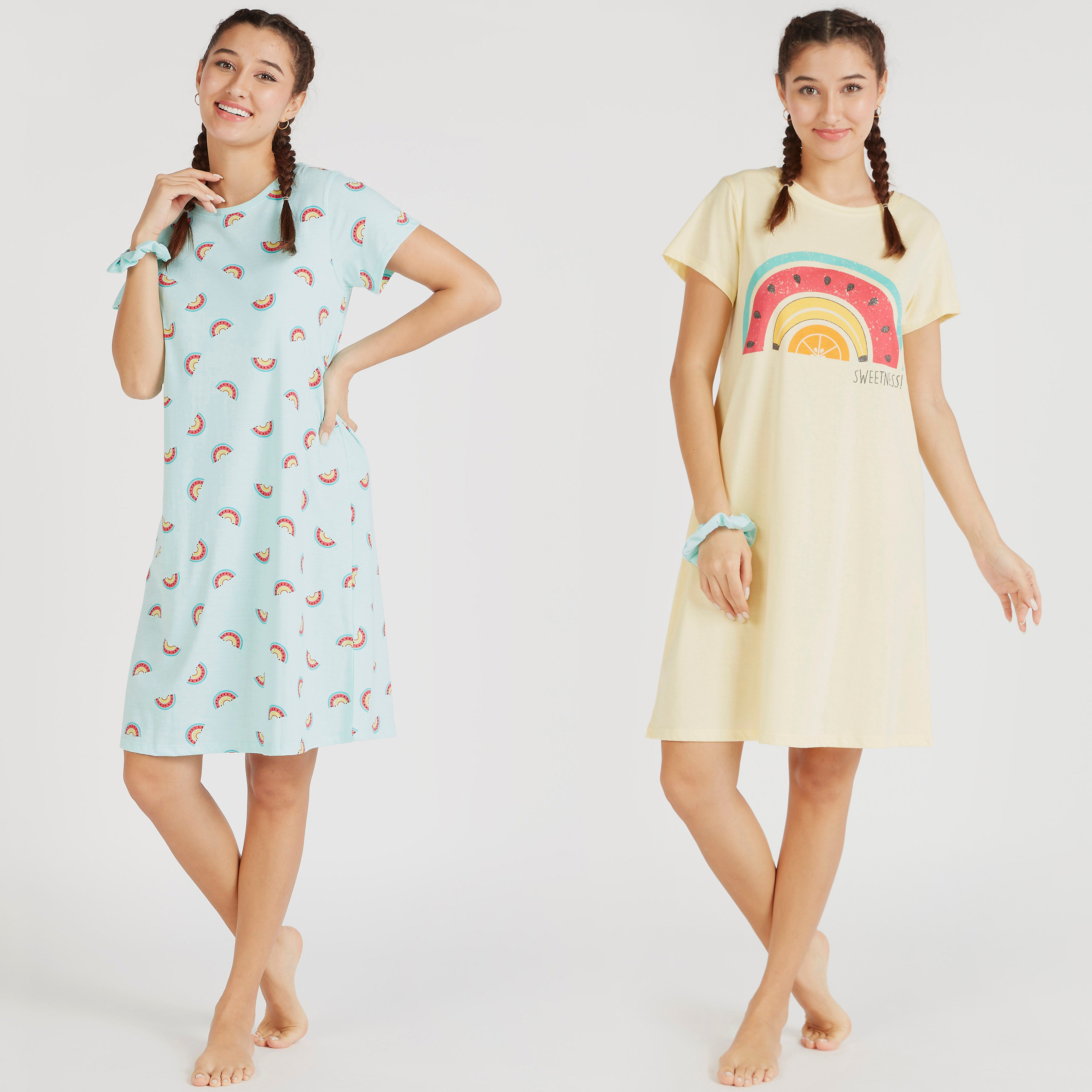Set of 4 - Printed Short Sleeves Sleepshirt with Scrunchies-women-clothing-nightwear-nighties-image-1