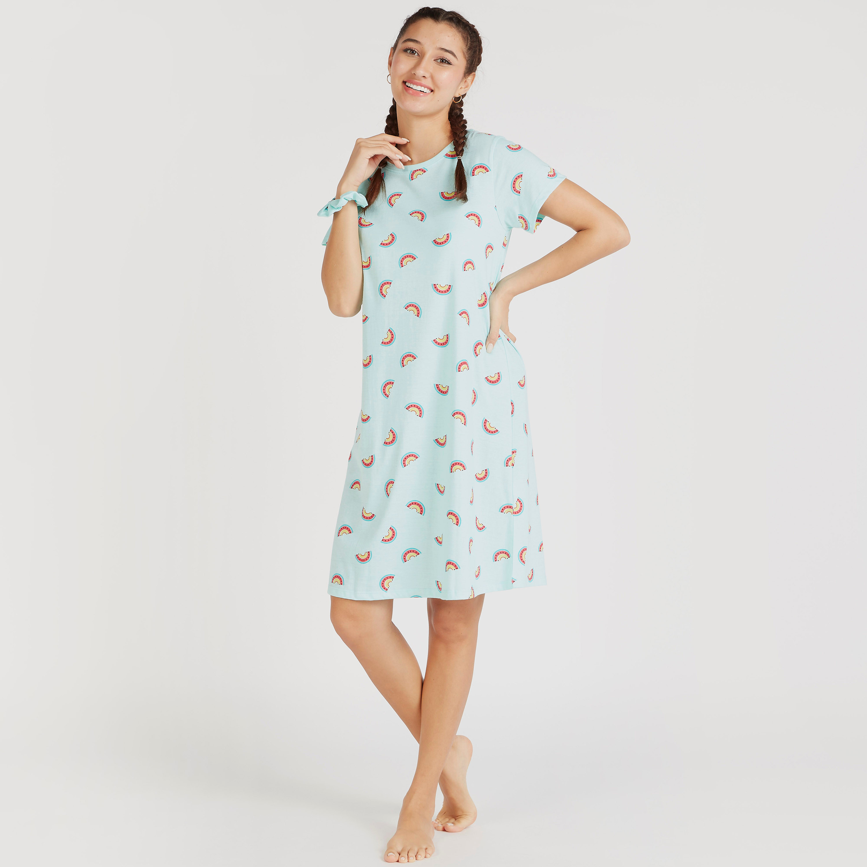 Set of 4 - Printed Short Sleeves Sleepshirt with Scrunchies-women-clothing-nightwear-nighties-image-2