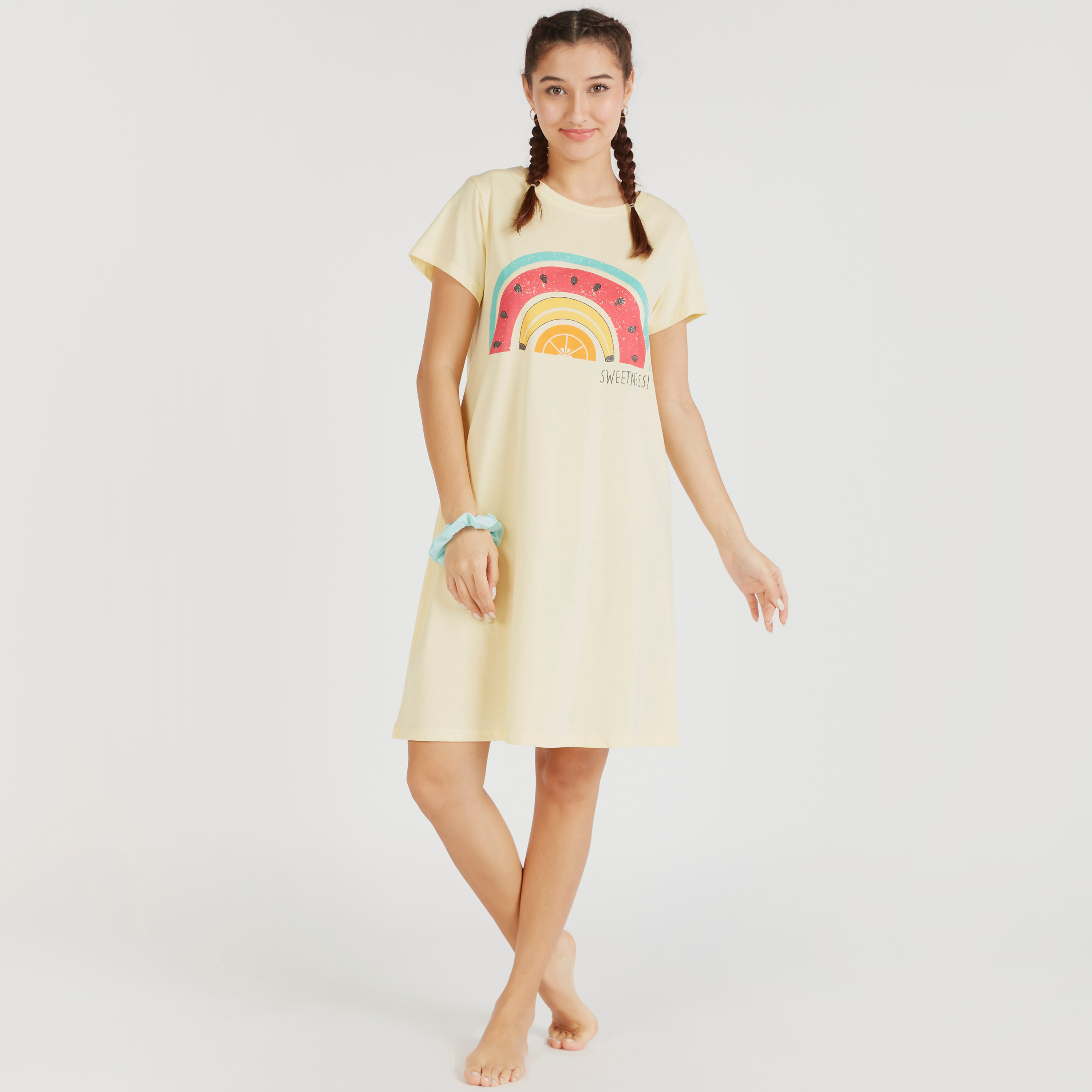 Set of 4 - Printed Short Sleeves Sleepshirt with Scrunchies-women-clothing-nightwear-nighties-image-3