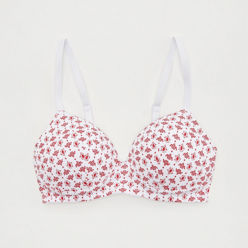 Printed Padded Plunge Bra with Bow Accent-Bras-image-0