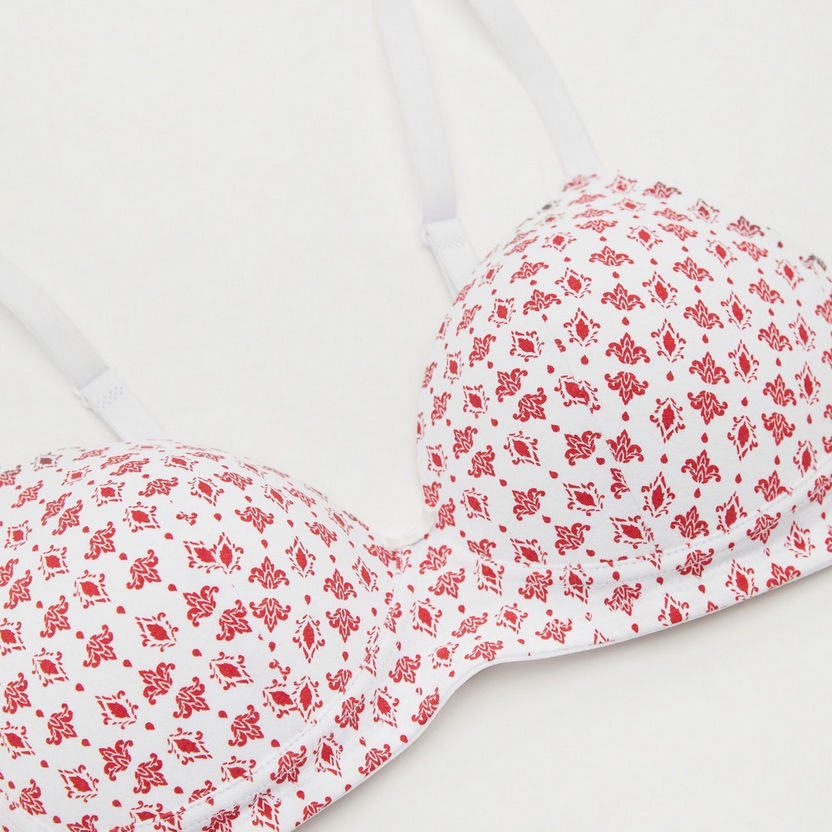 Printed Padded Plunge Bra with Bow Accent-Bras-image-1