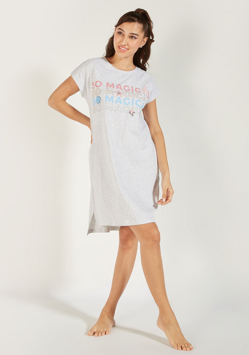 Printed Round Neck Night Dress with Cap Sleeves-Nighties-image-2