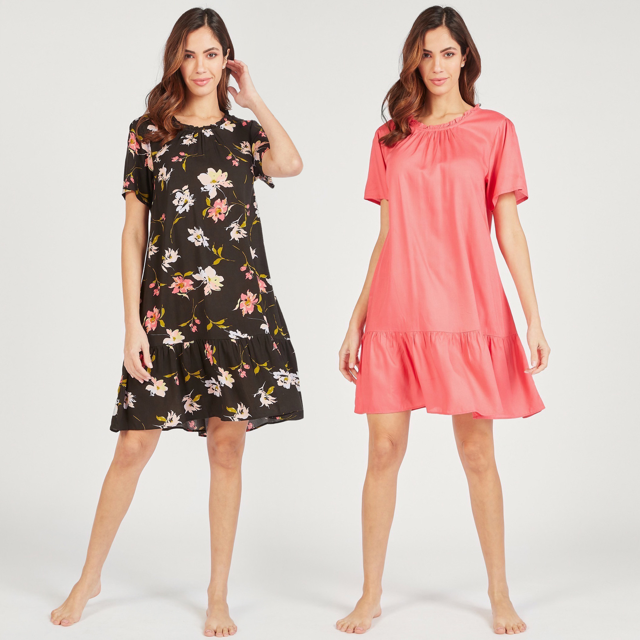 Set of 2 - Assorted Night Dress with Short Sleeves and Ruffled Neckline-women-clothing-nightwear-nighties-image-1