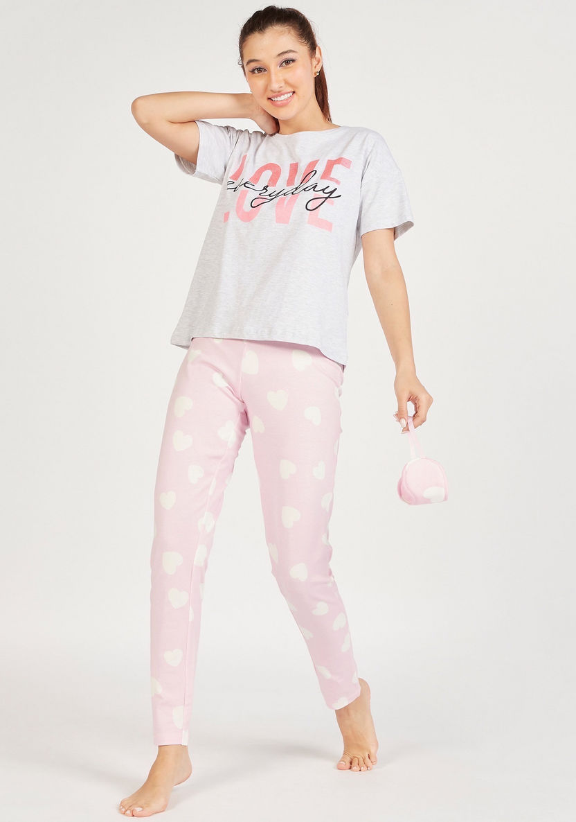 Text Print T-shirt and Full Length Pyjama Set with Eye Mask-Sets-image-1