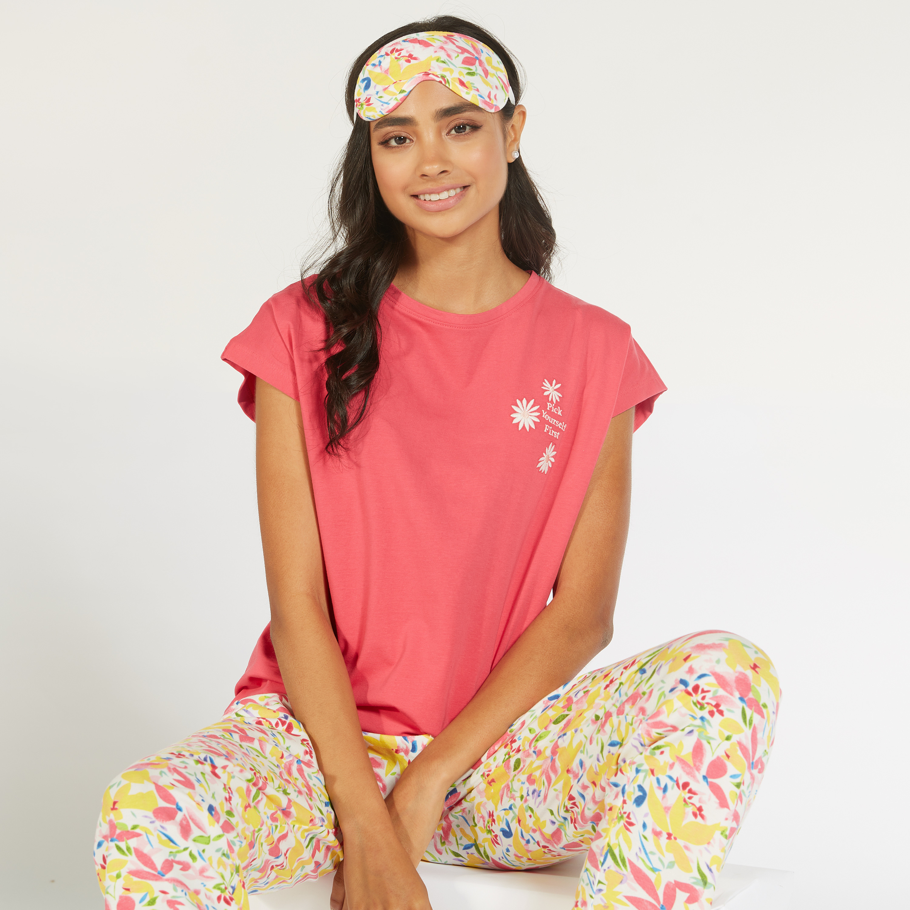 طقم بنطلون بيجاما برباط إغلاق وتيشيرت بنقشة الزهور-women-clothing-nightwear-pyjamas-longsets-image-3