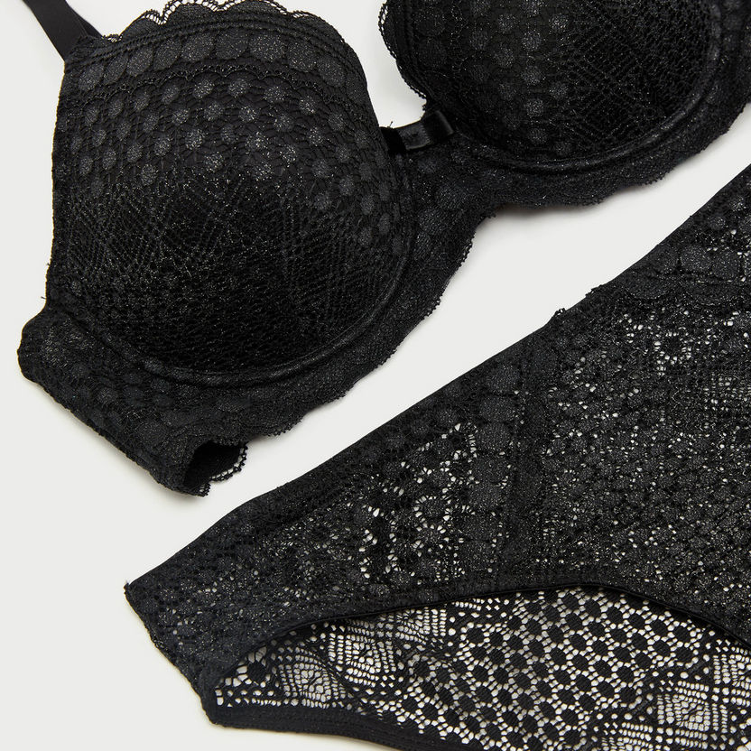 Lace Textured Padded Balconette Bra and Briefs Set-Sets-image-1