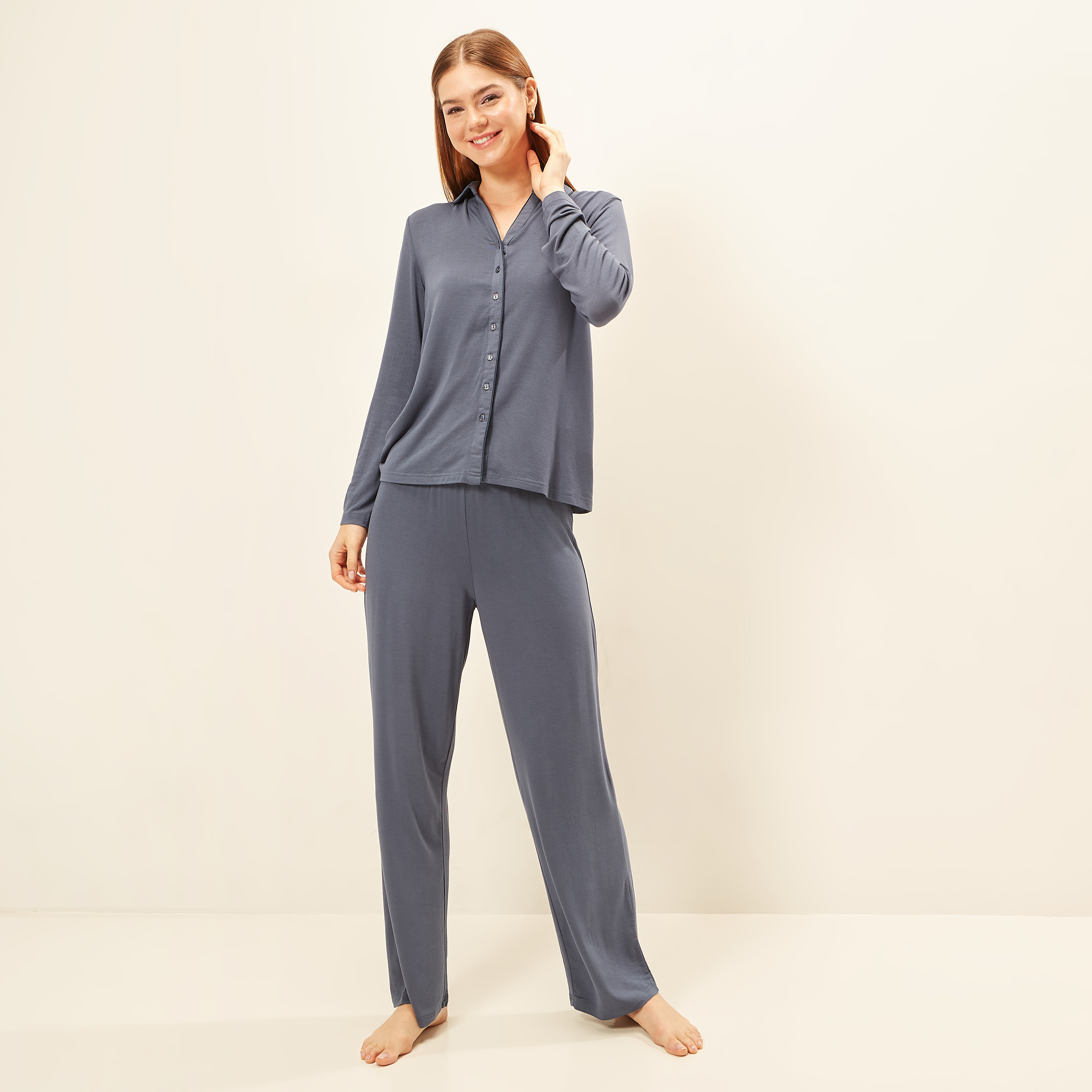 Buy Solid Long Sleeves Shirt and Full Length Pyjama Set Splash KSA