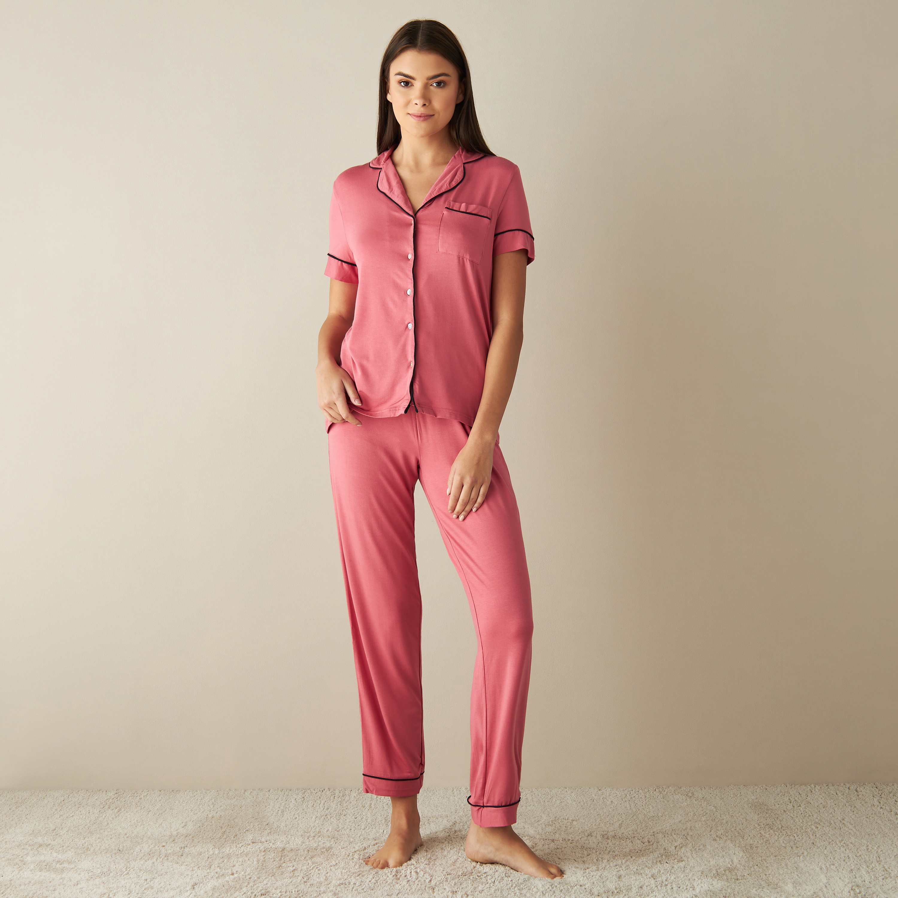 Buy Solid Shirt and Full Length Pyjama Set Splash UAE