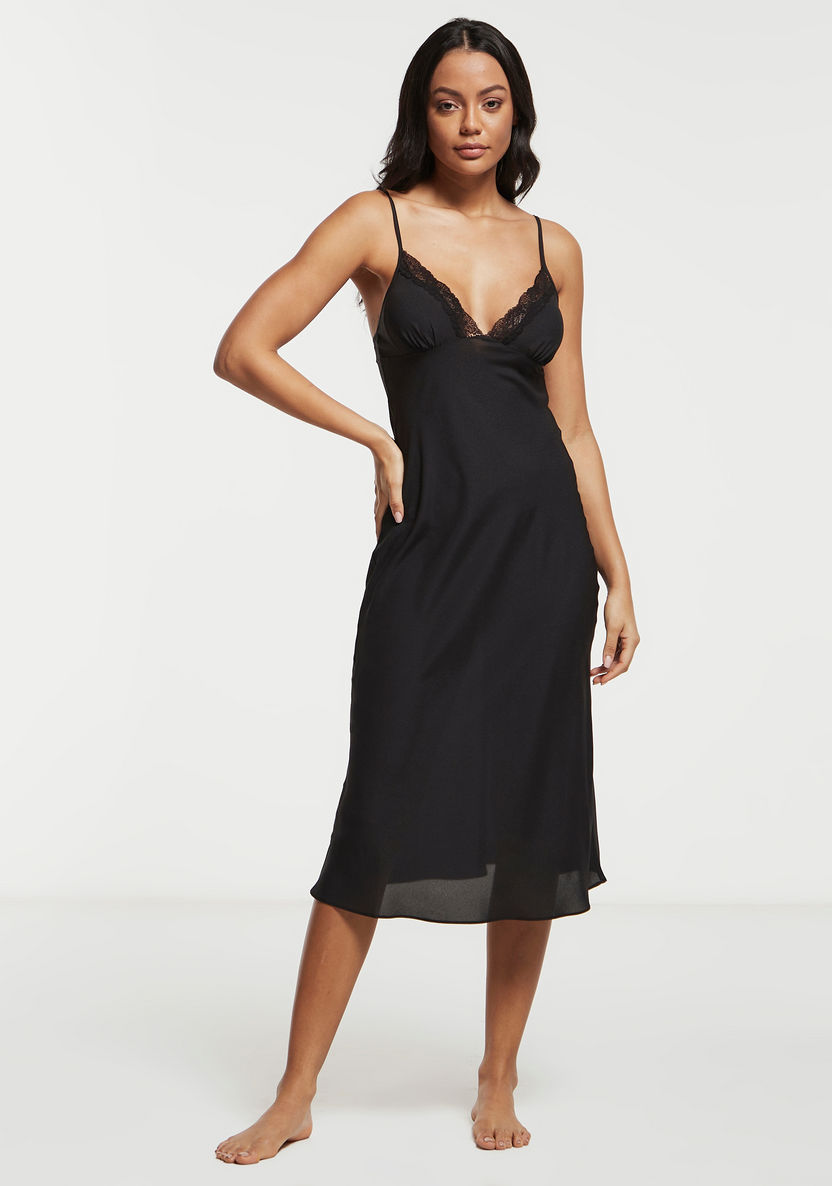 Buy Women's Solid Night Dress with Lace Detail and Spaghetti Straps Online