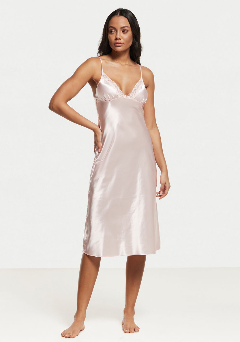 Buy Solid Night Dress with Lace Detail and Spaghetti Straps