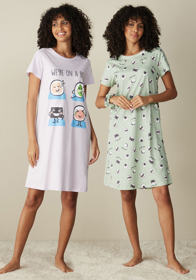 Buy Set of 2 - Printed Night Dress with Short Sleeves