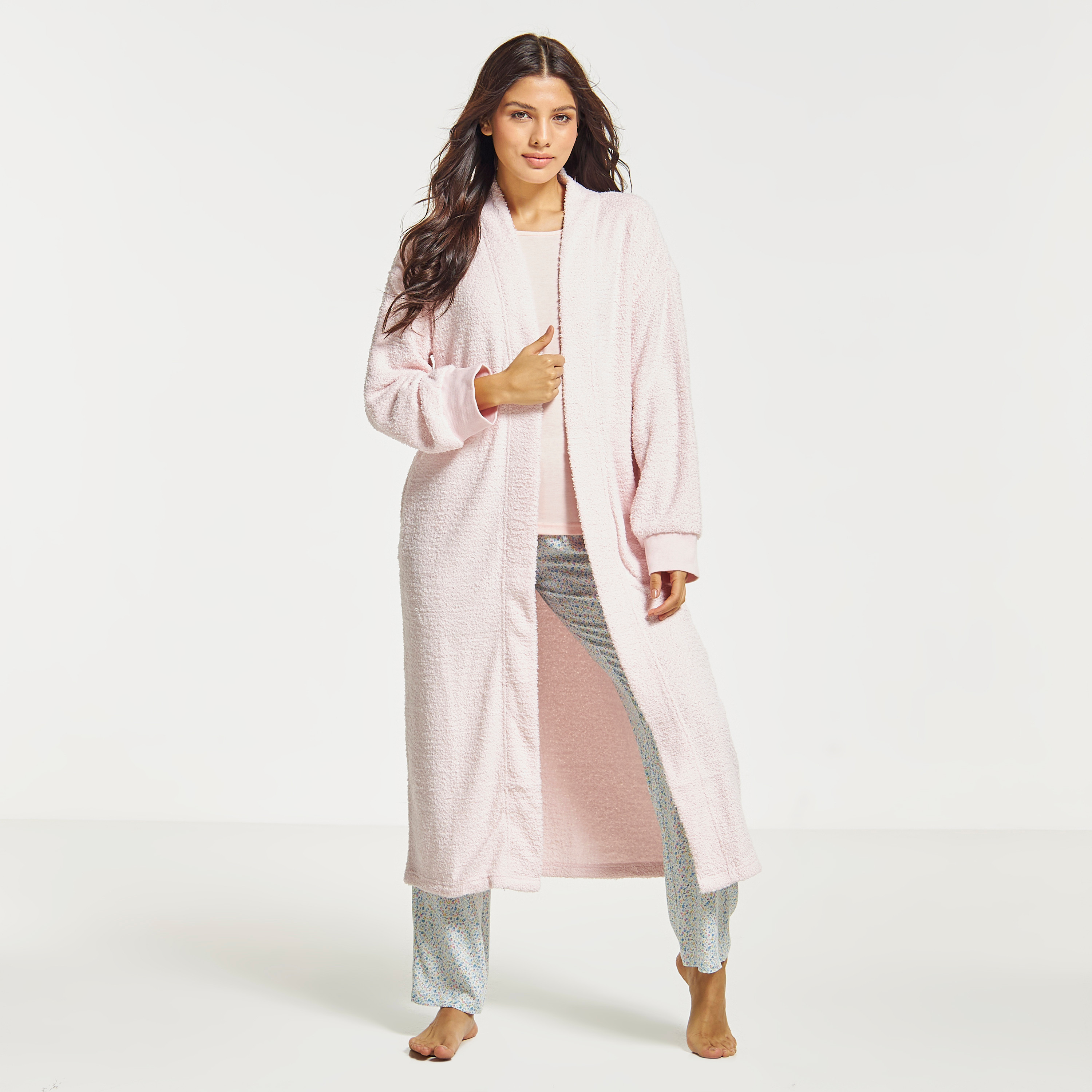 Open Front Robe Shop Textured Open Front Robe with Long Sleeves and Pockets Online ...