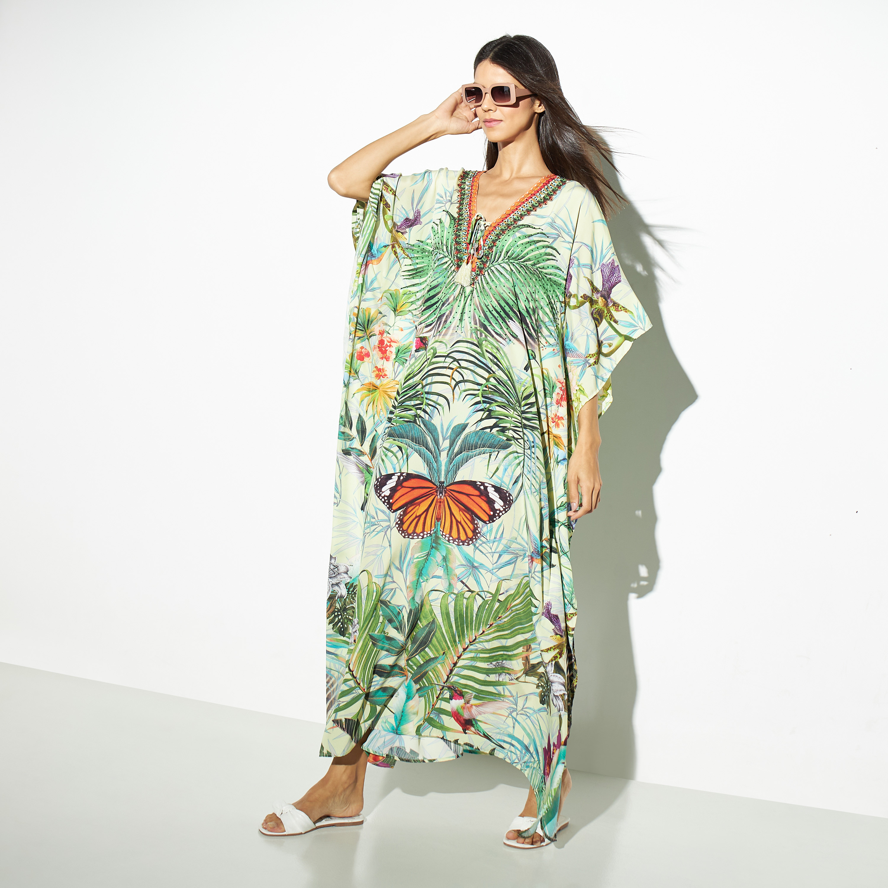 Shop Beachwear All Over Print Kaftan Maxi Dress with Tie Ups Online Splash Bahrain