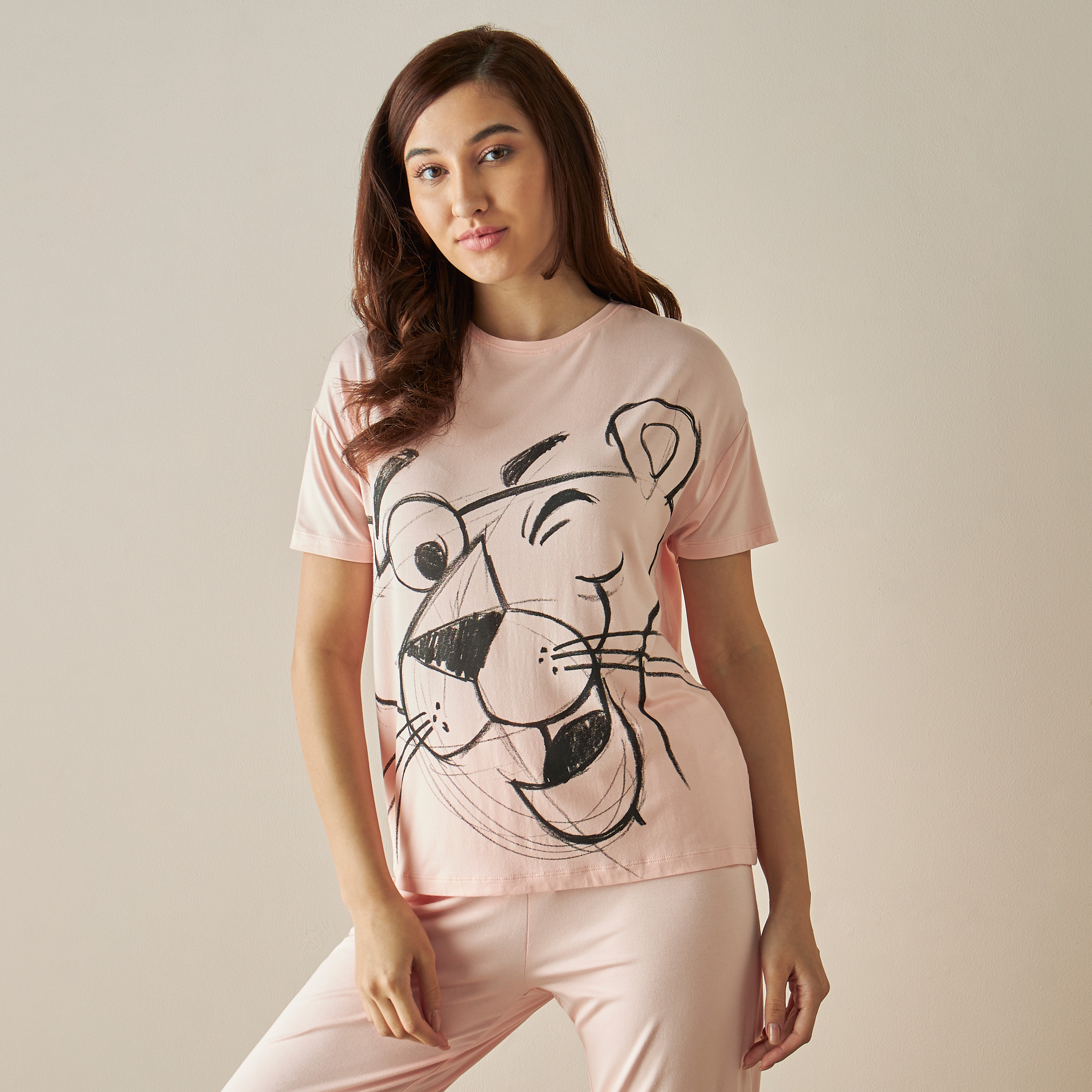 Pink Panther Print T-shirt and Pyjama Set-women-clothing-nightwear-pyjamas-longsets-image-3
