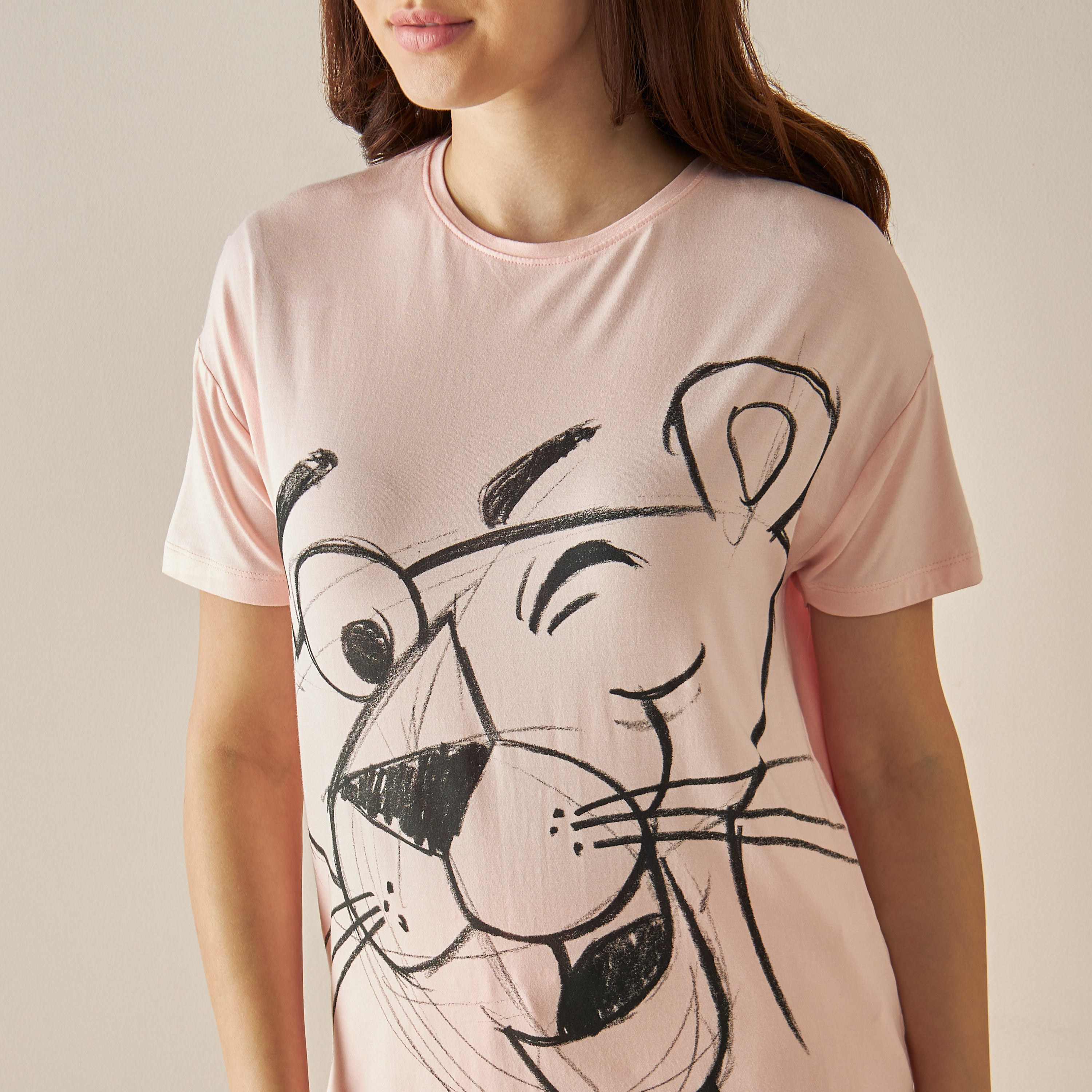 Pink Panther Print T-shirt and Pyjama Set-women-clothing-nightwear-pyjamas-longsets-image-5