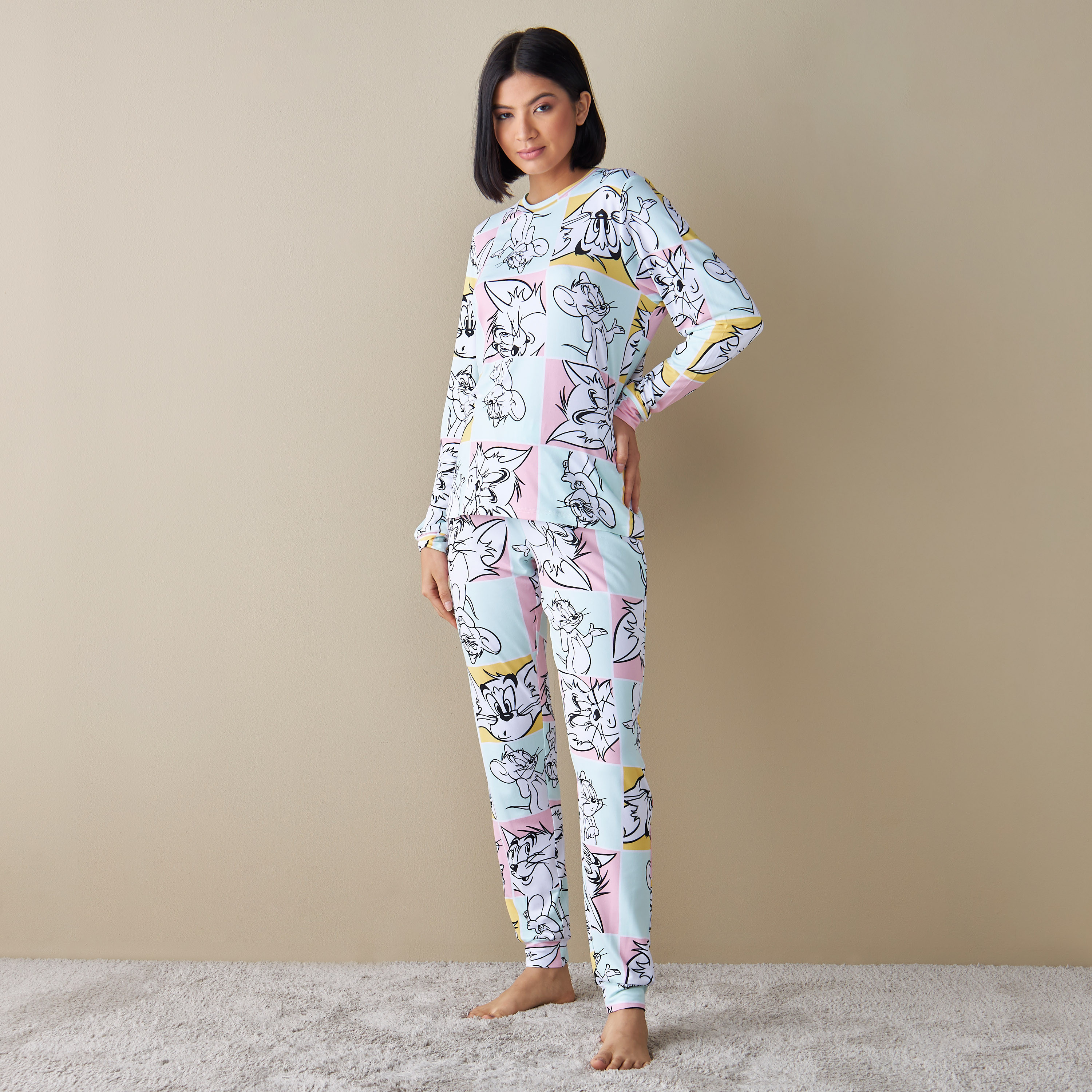 Tom And Jerry Camicia Da Notte Donna - Tie-Dye Stampa Gattina - Maglietta Pigiama Morbida (Large)