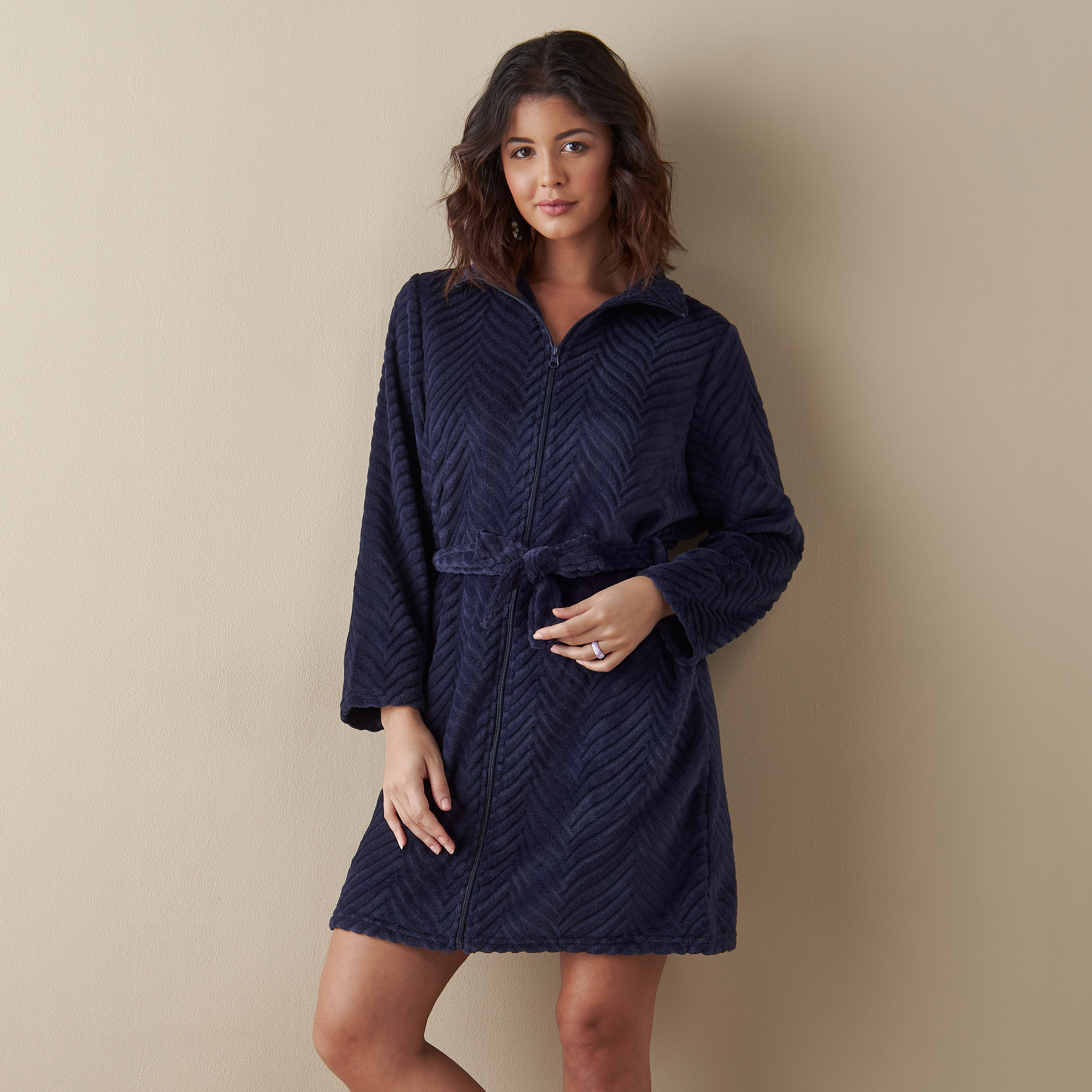 Buy Textured High Neck Robe with Belt Tie-Up and Zip Closure Online ...