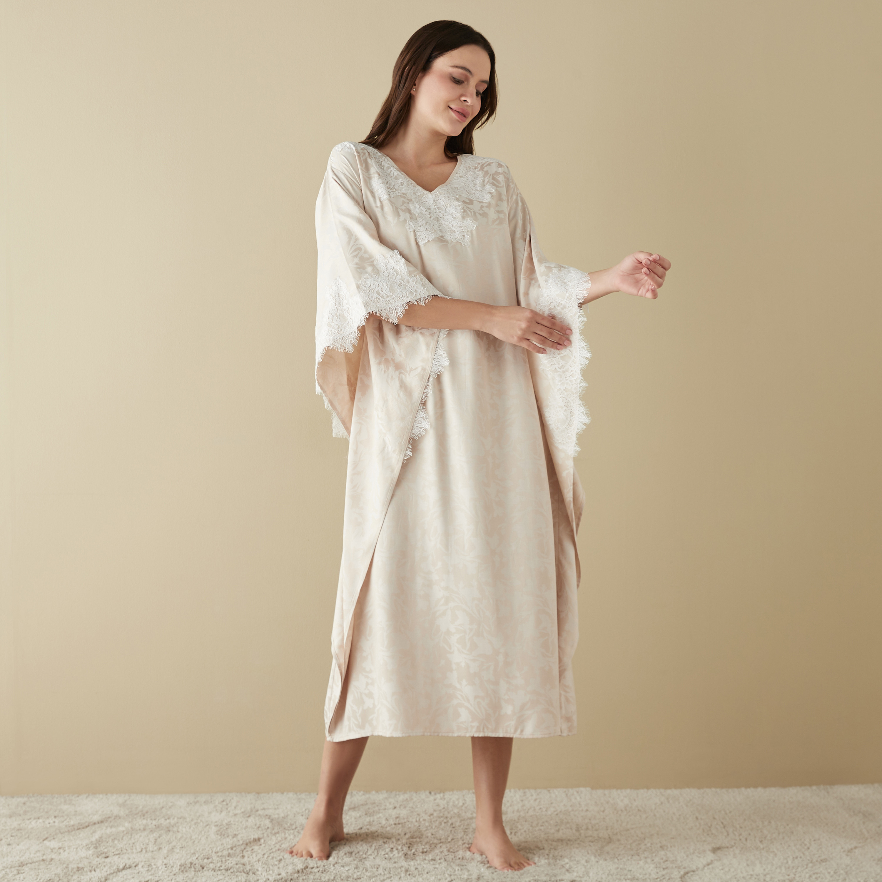 Lace Detail Jacquard Kaftan Night Dress