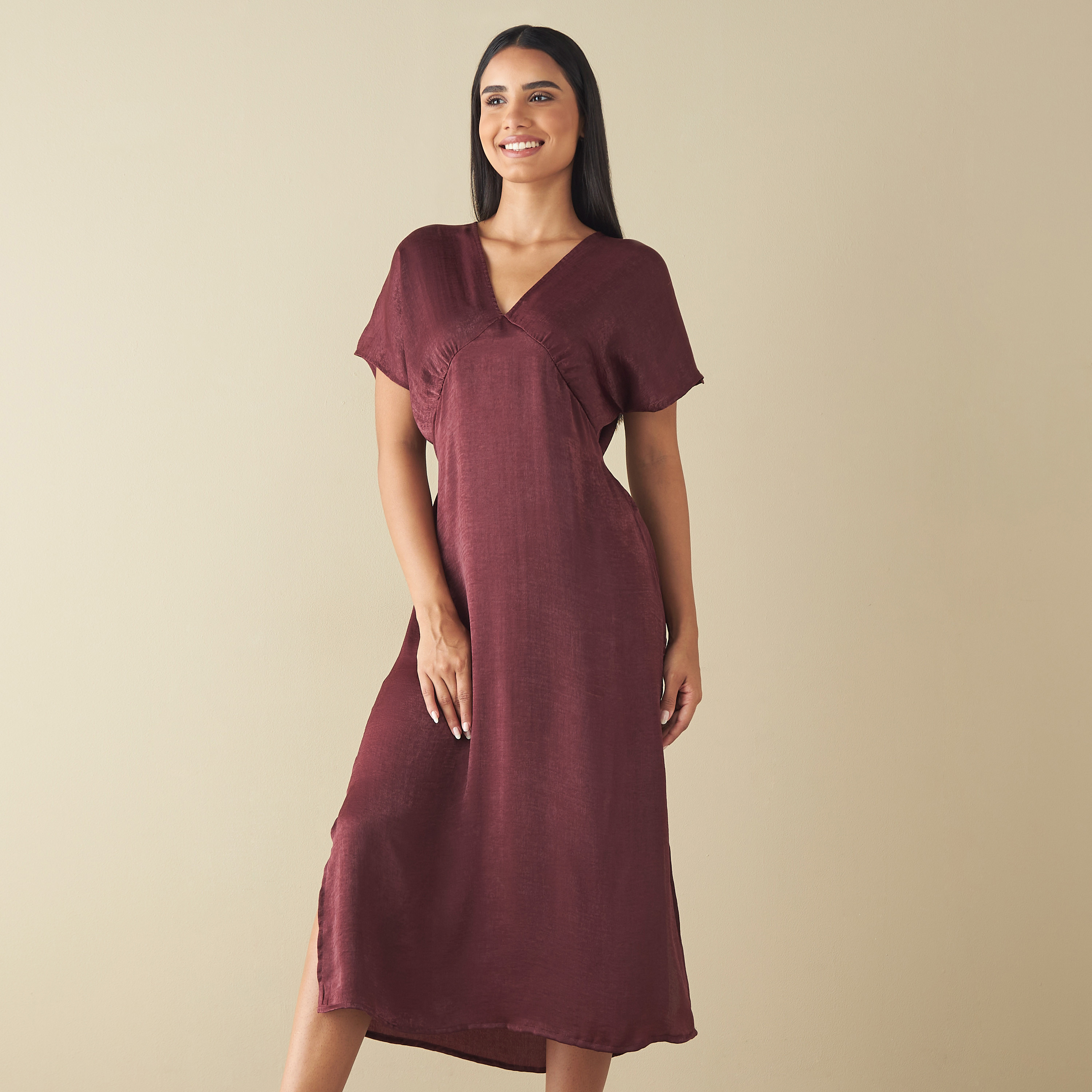 Velvet Satin Night Gown with Short Sleeves and Slit