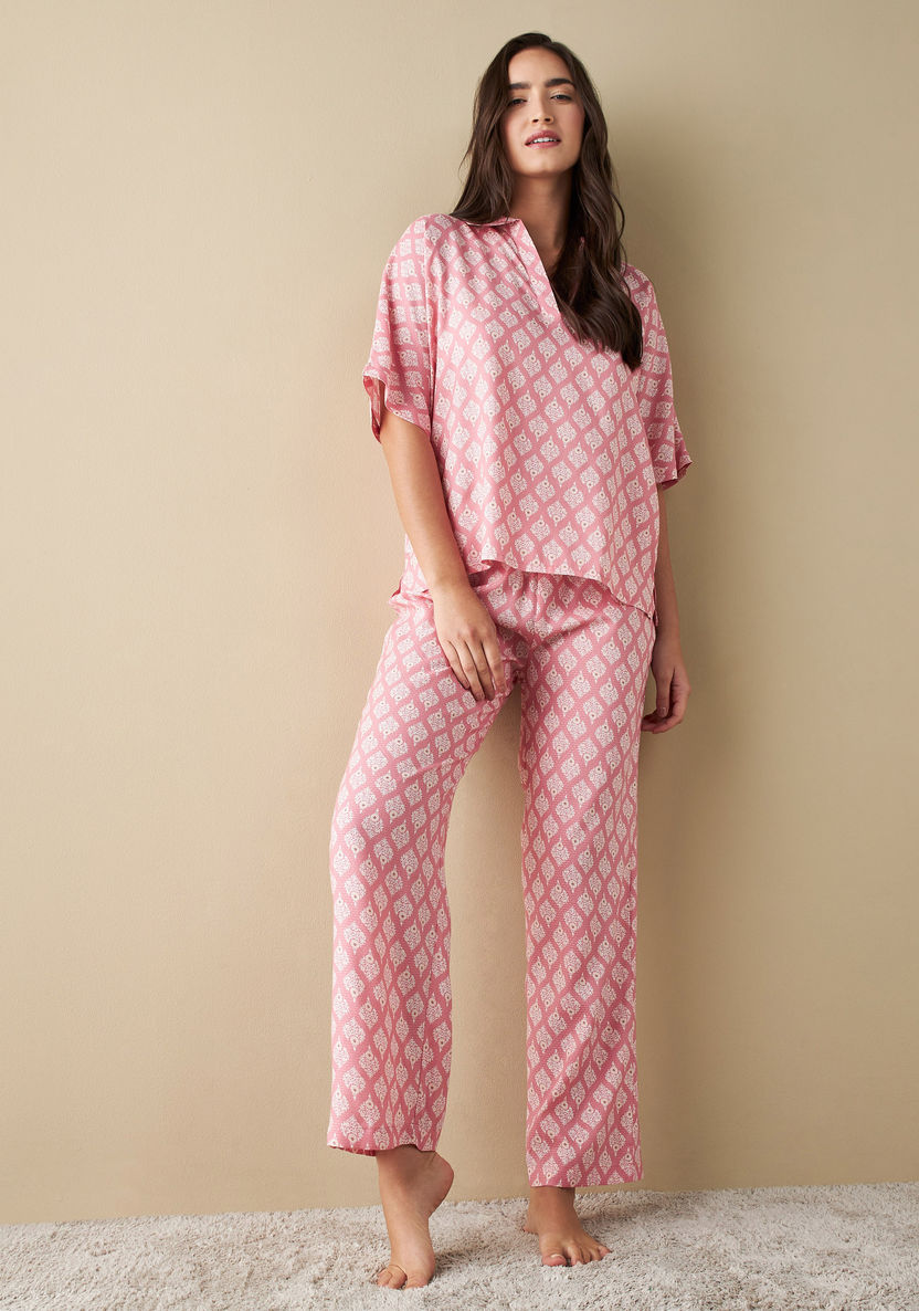All-Over Print Collared Top and Pyjama Set