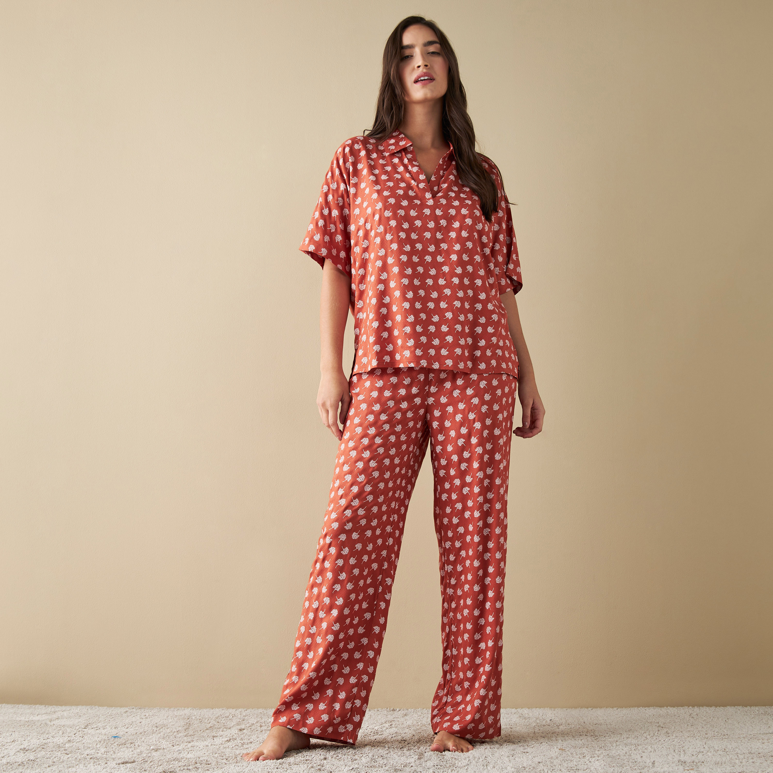 Buy Women s All Over Print Collared Top and Pyjama Set Online Centrepoint Bahrain