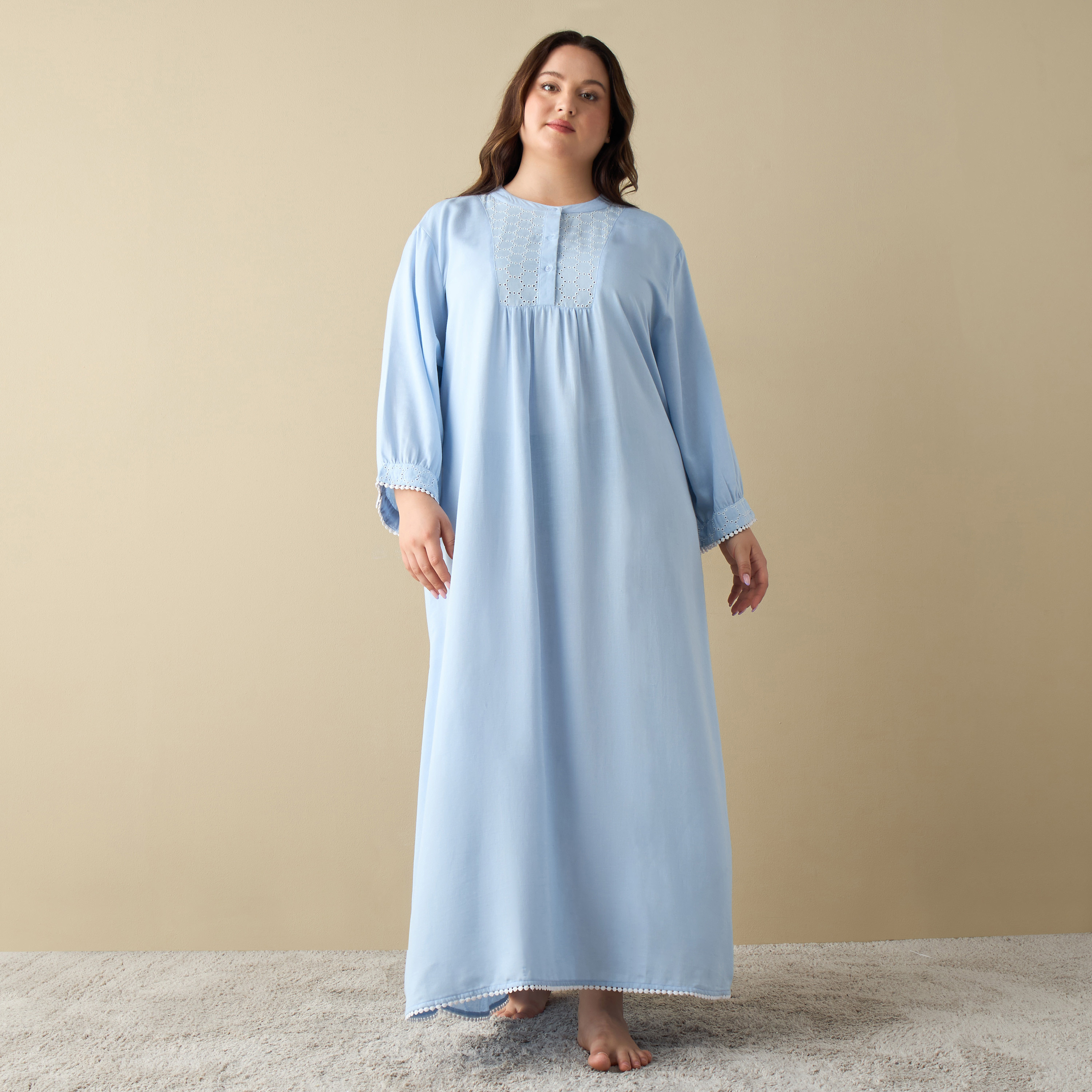 Shop Plus Size Solid Night Gown with Long Sleeves Online Splash Kuwait