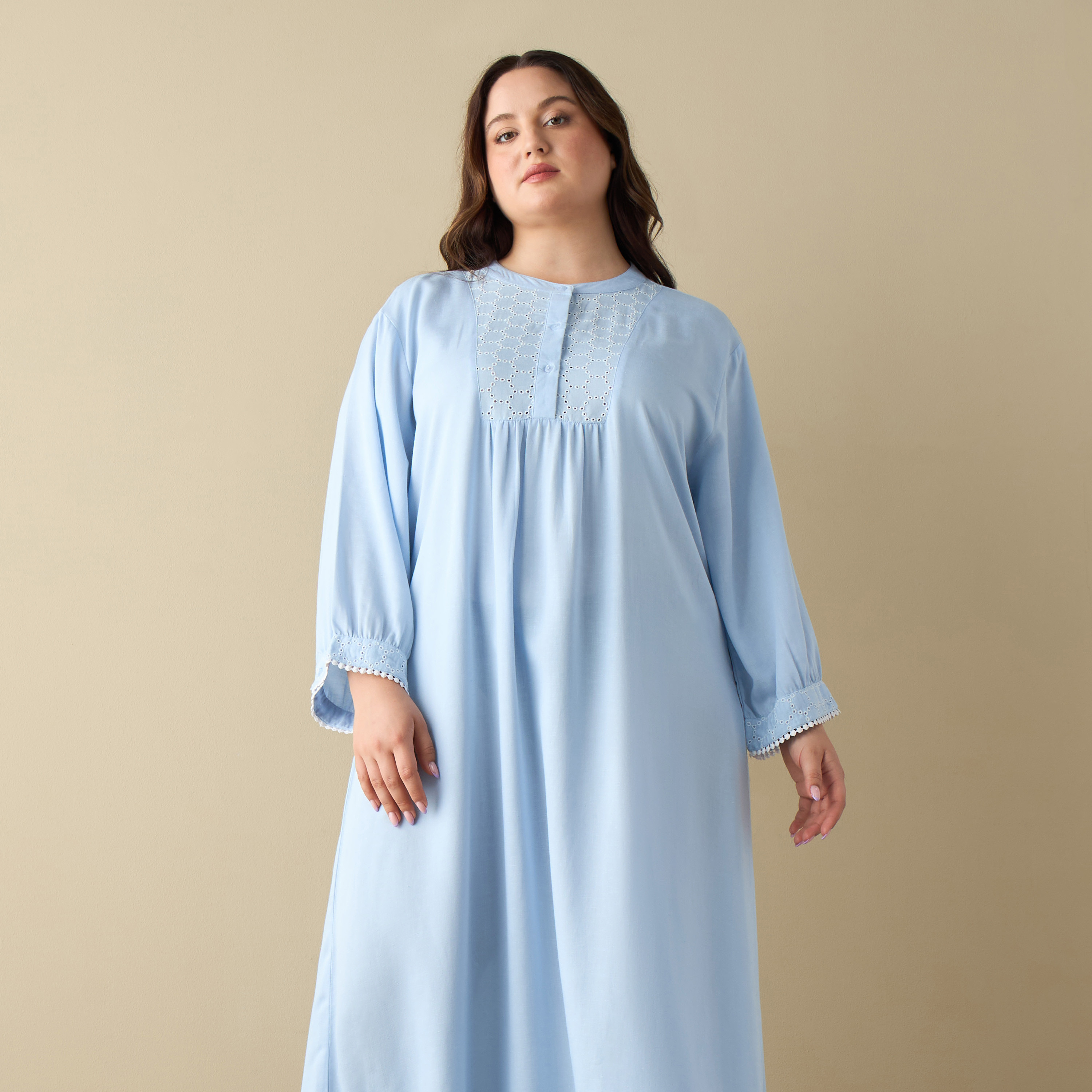 Plus Size Solid Night Gown with Long Sleeves-women-clothing-nightwear-nighties-image-2