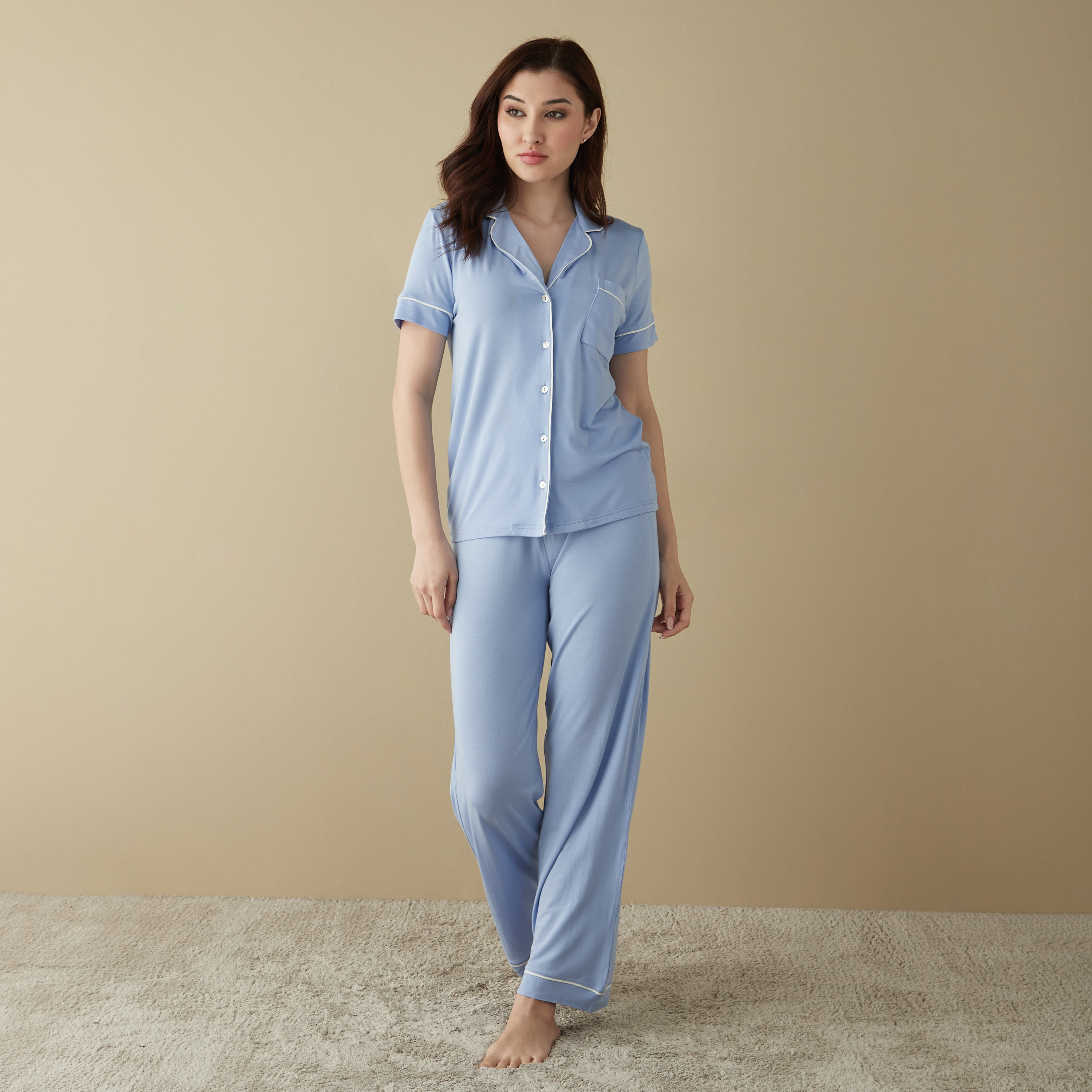 طقم بنطلون بيجاما وقميص بأكمام قصيرة-women-clothing-nightwear-pyjamas-longsets-image-1