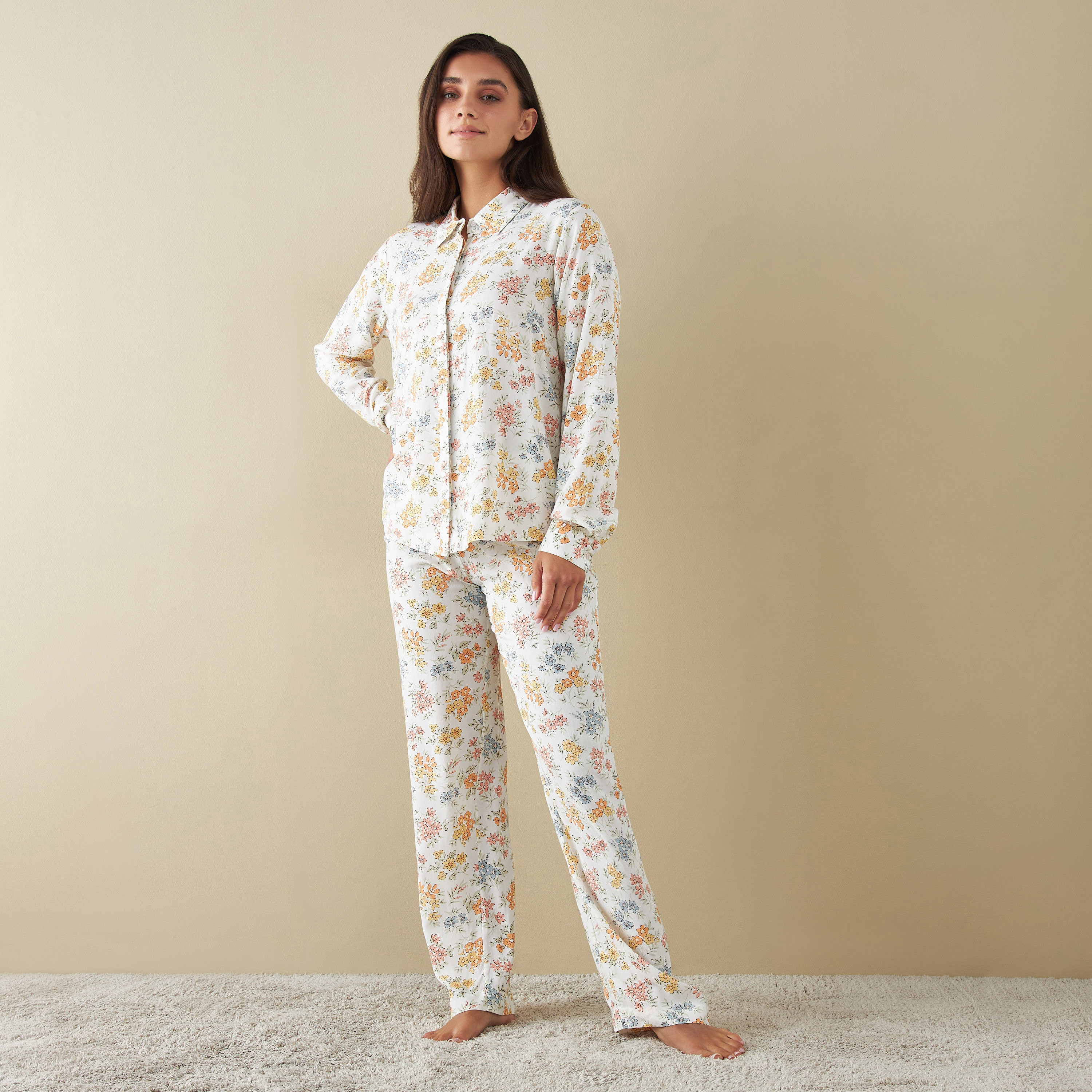 Shop All-Over Floral Print Shirt and Pyjama Set Online | Splash UAE