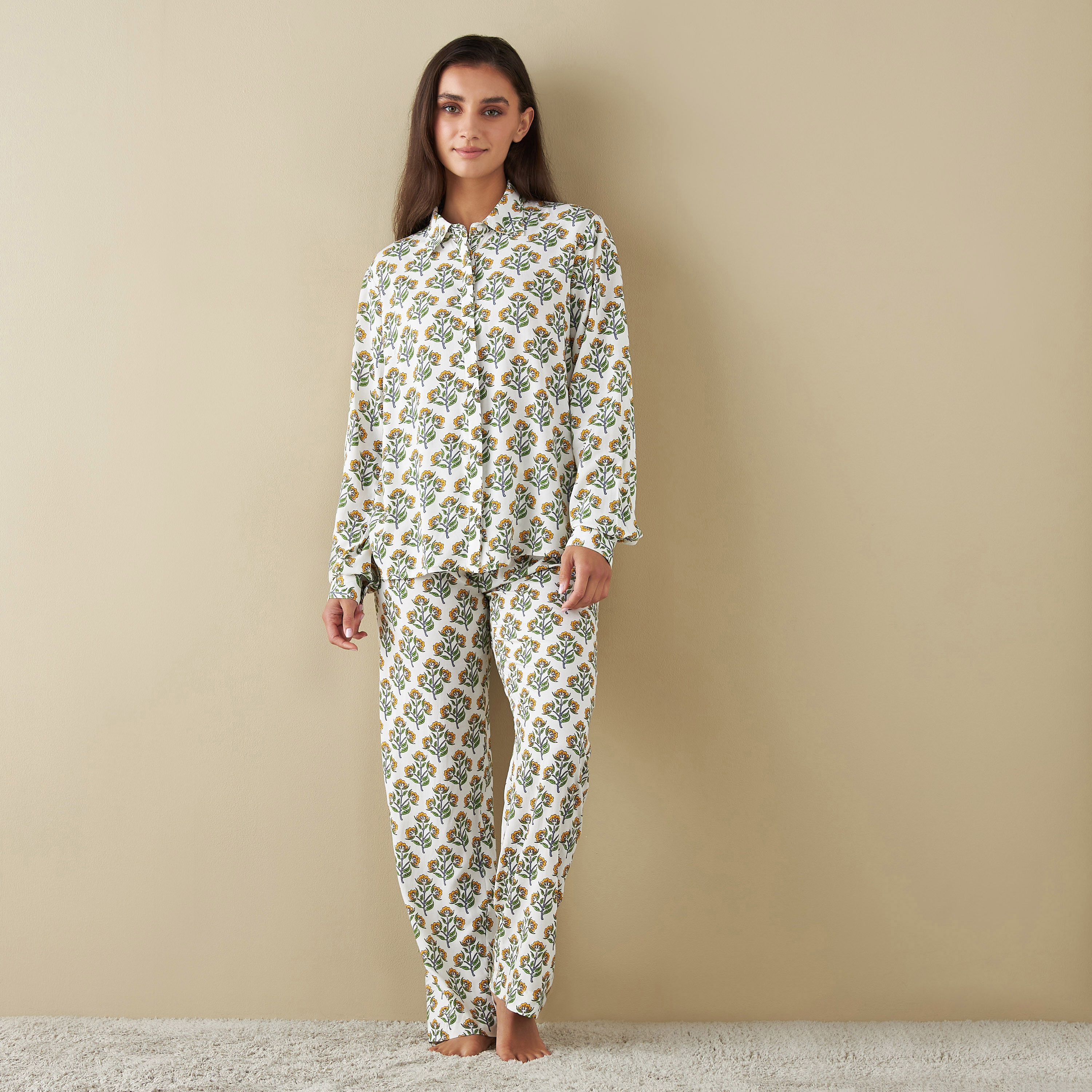 Shop All-Over Floral Print Shirt and Pyjama Set Online | Splash UAE