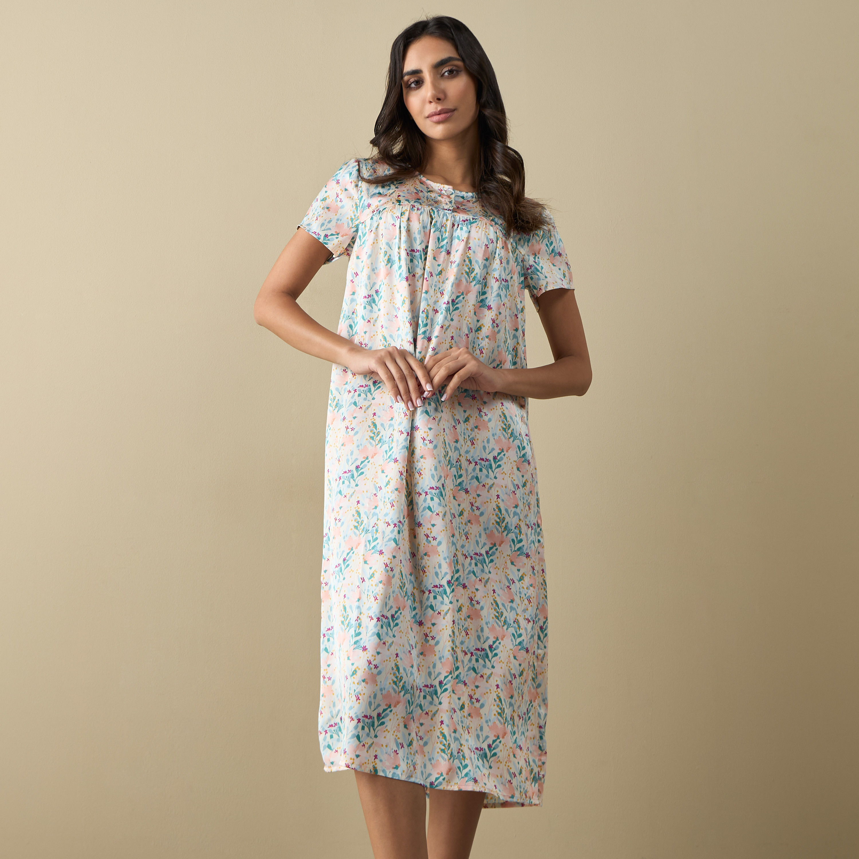 Buy All Over Floral Print Night Dress with Short Sleeves Splash UAE