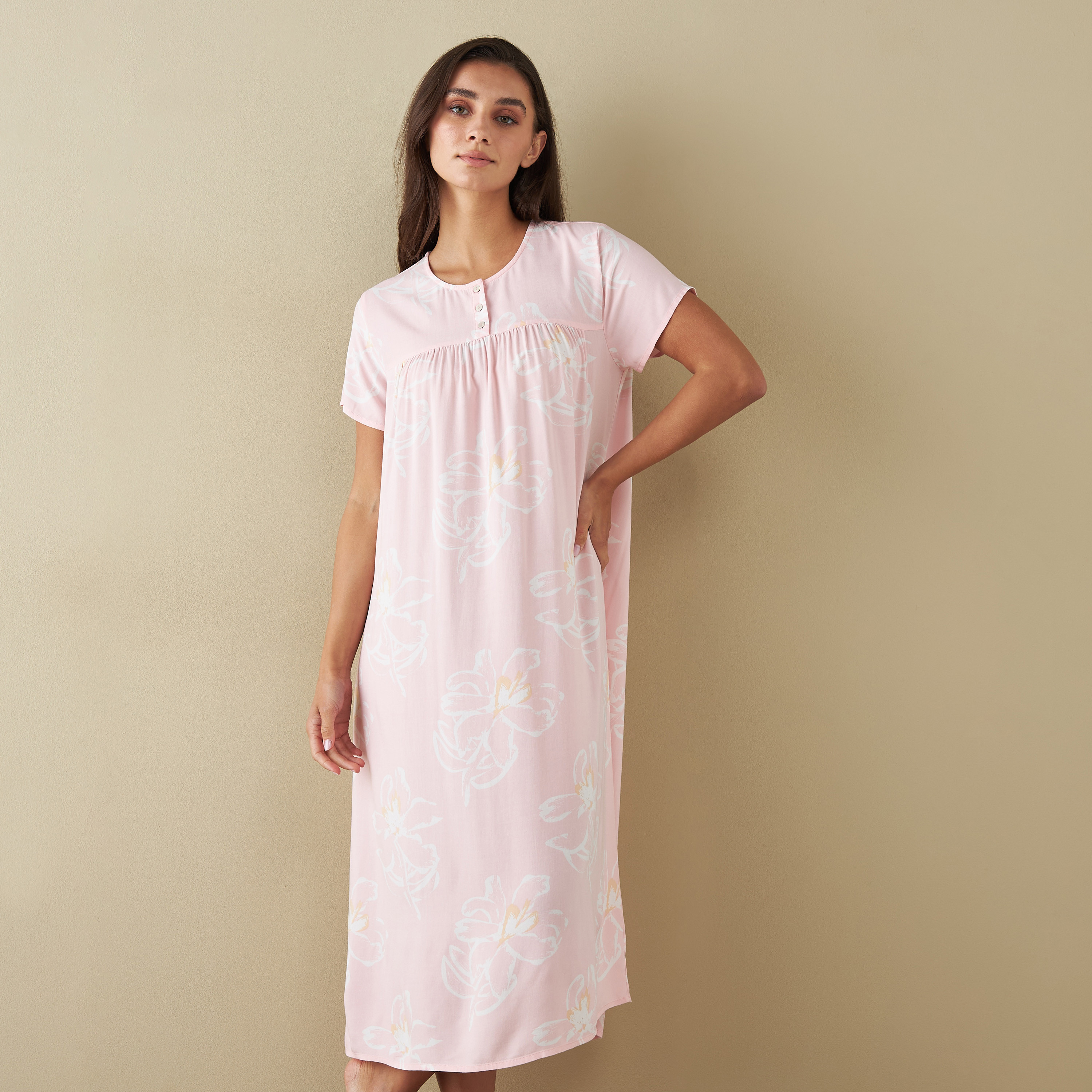 All-Over Floral Print Sleepshirt with Short Sleeves-women-clothing-nightwear-nighties-image-1