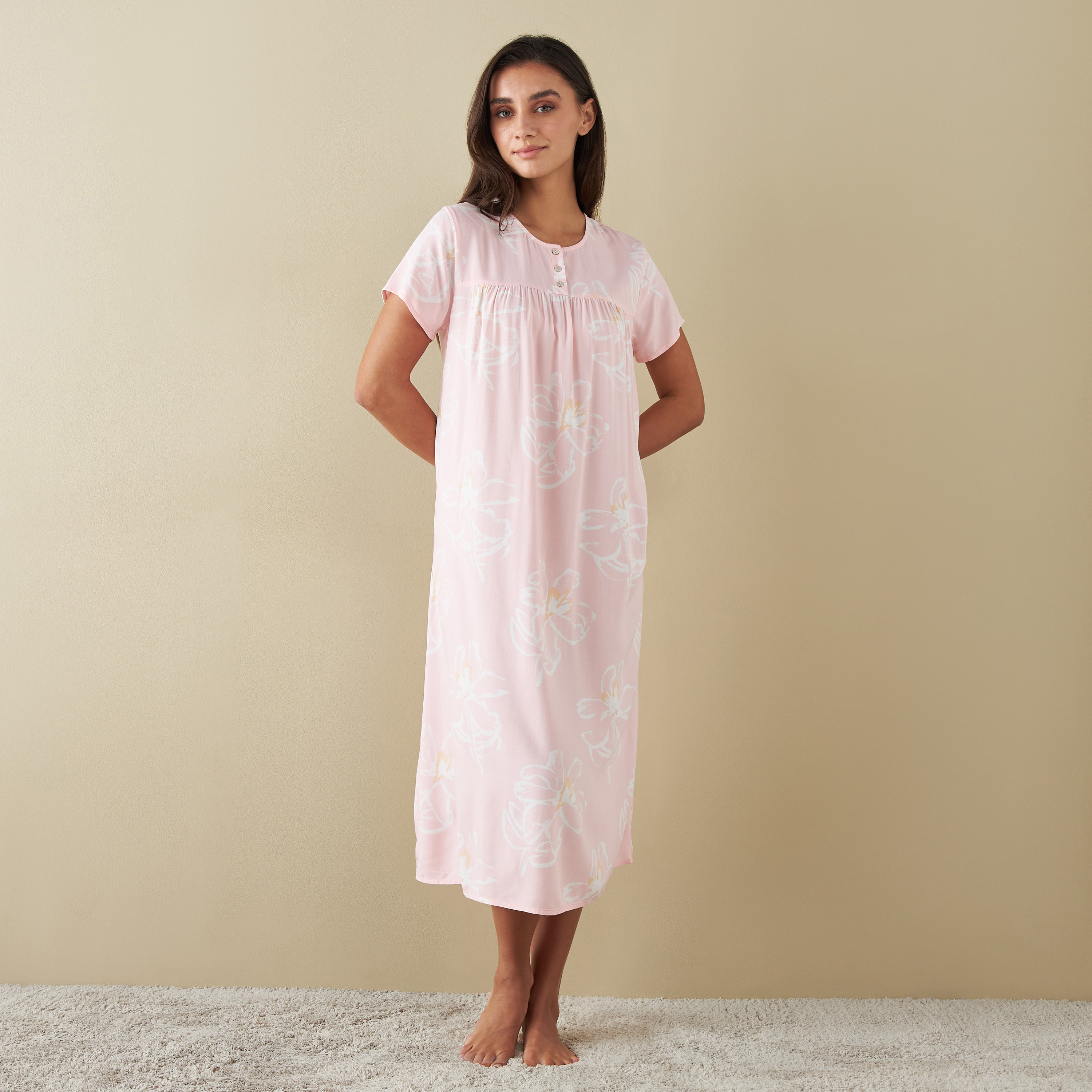 All-Over Floral Print Sleepshirt with Short Sleeves-women-clothing-nightwear-nighties-image-2