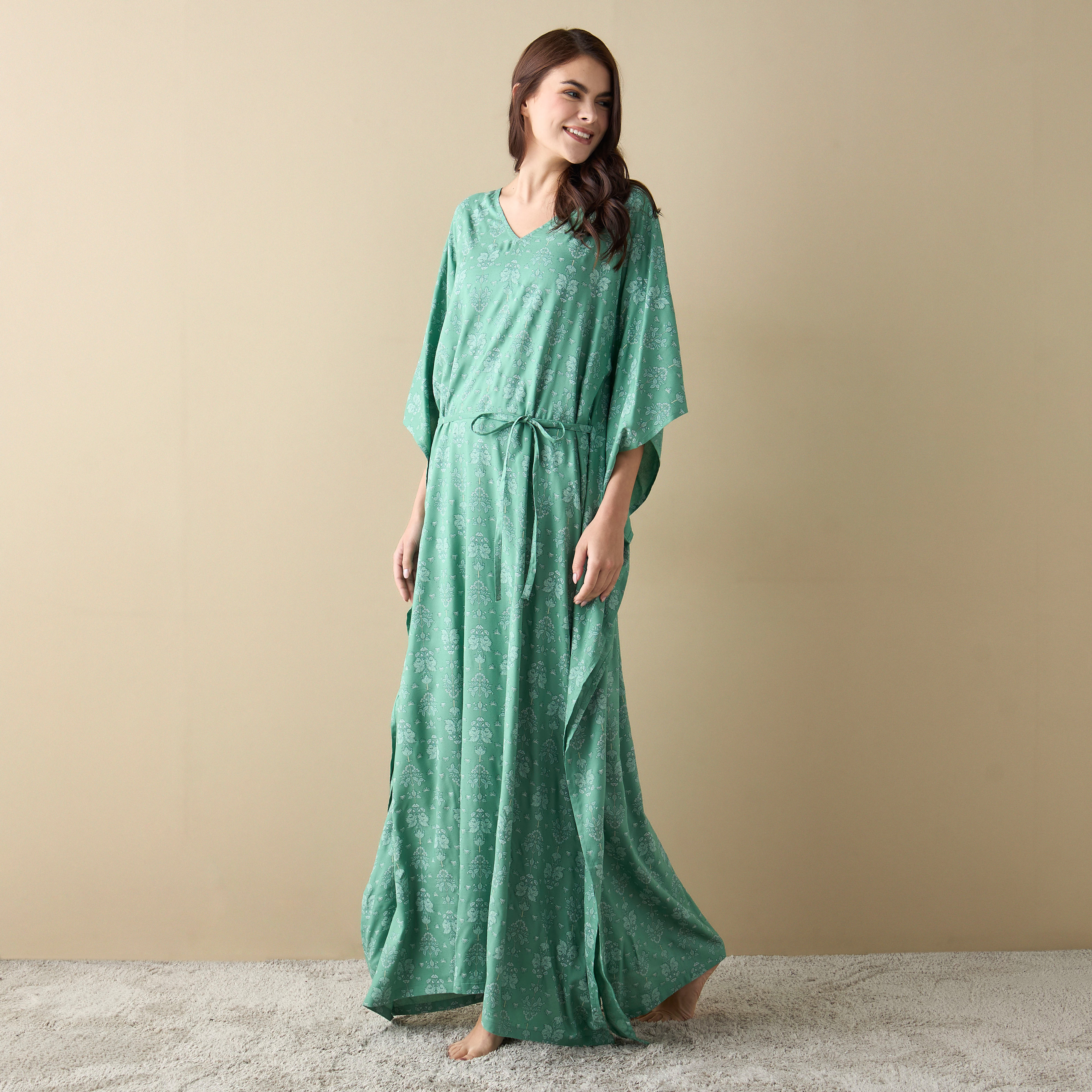 ثوب نوم قفطان بأربطة وطبعات أزهار-women-clothing-nightwear-nighties-image-2