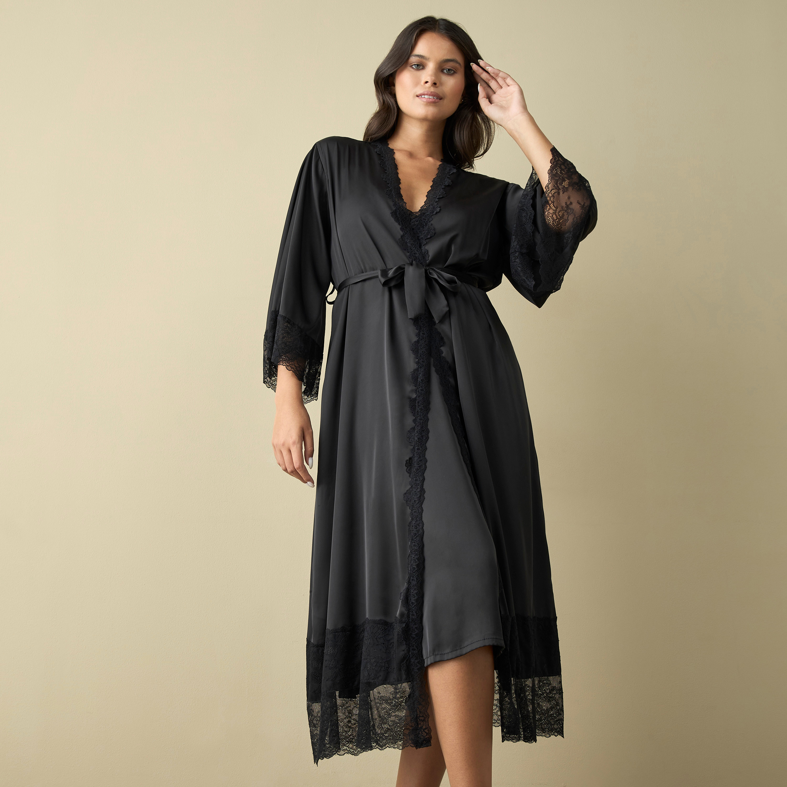 Buy Lace Detail Robe with Tie-Up Belt and Slip Dress Online ...
