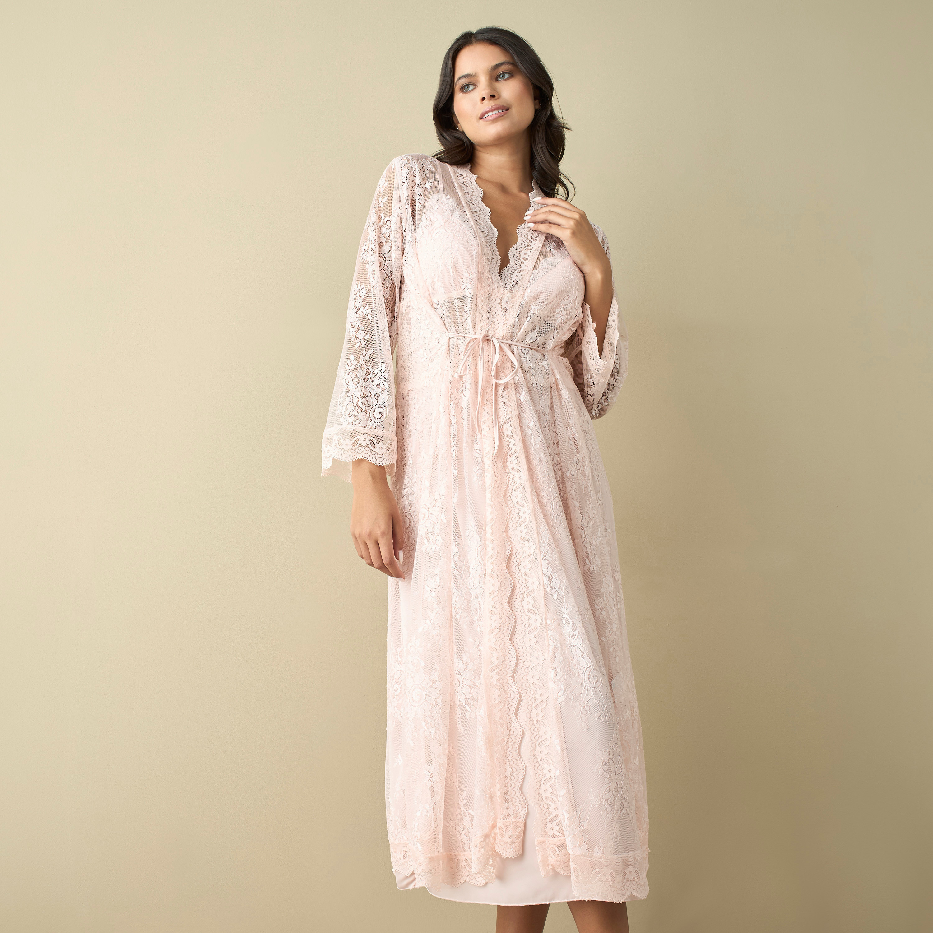 Shop Lace Detail Robe with Tie-Up Belt and Slip Dress Online | Splash UAE