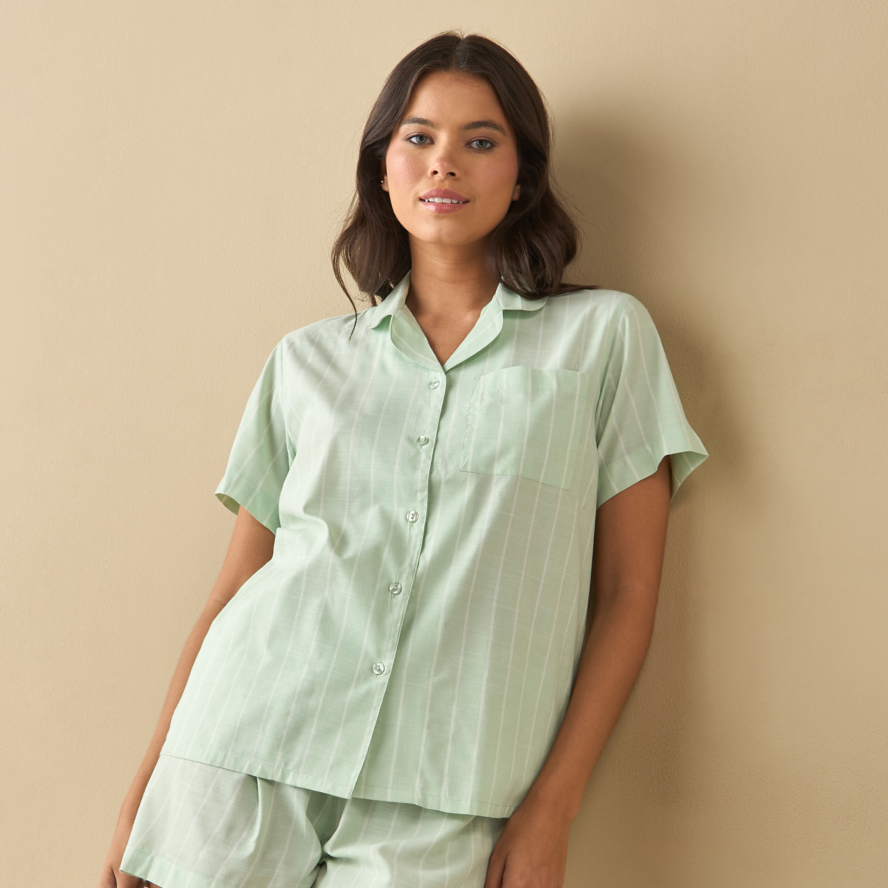 All-Over Striped Shirt with Chest Pocket and Elasticated Shorts Set-women-clothing-nightwear-pyjamas-shortsets-image-2